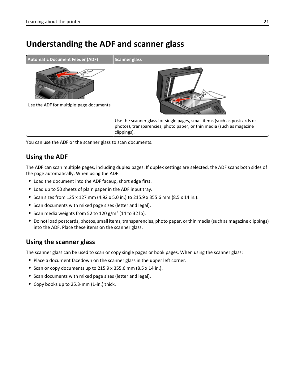 Understanding the adf and scanner glass, Using the adf, Using the scanner glass | Dell 3333/3335dn Mono Laser Printer User Manual | Page 21 / 302