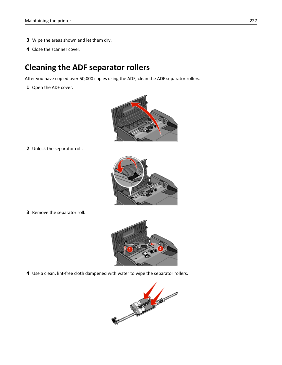 Cleaning the adf separator rollers | Dell 3333/3335dn Mono Laser Printer User Manual | Page 227 / 302