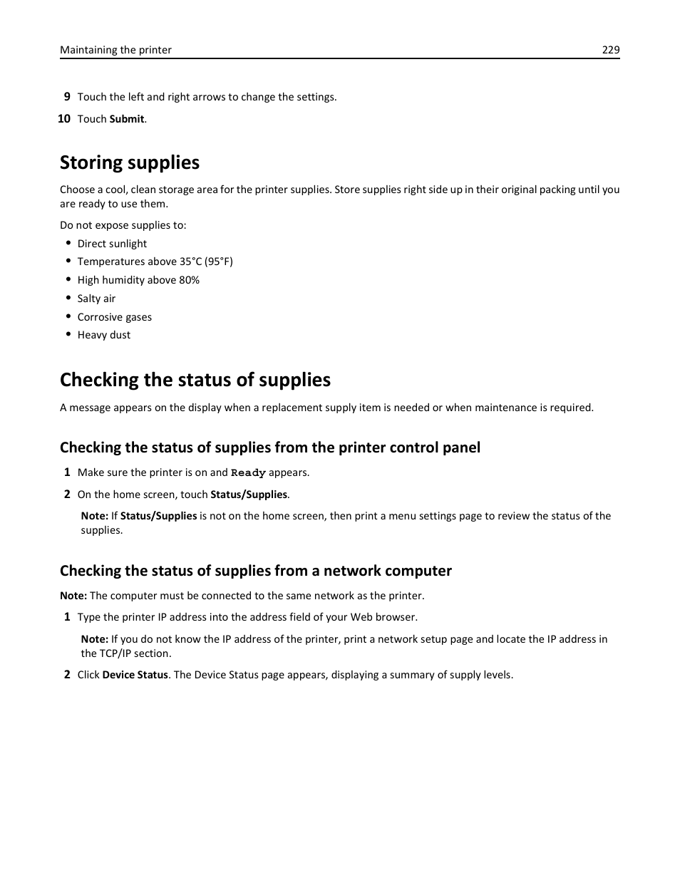 Storing supplies, Checking the status of supplies | Dell 3333/3335dn Mono Laser Printer User Manual | Page 229 / 302