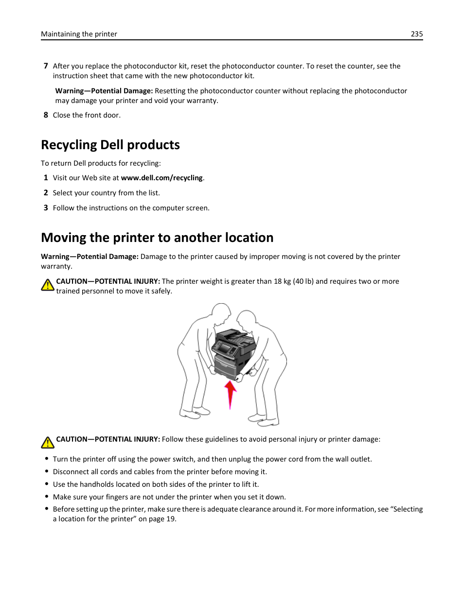 Recycling dell products, Moving the printer to another location | Dell 3333/3335dn Mono Laser Printer User Manual | Page 235 / 302