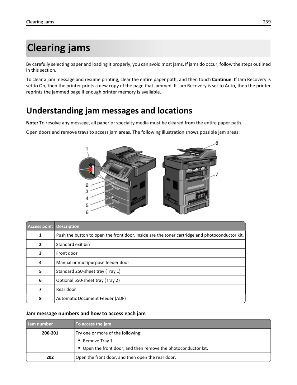 Clearing jams, Understanding jam messages and locations | Dell 3333/3335dn Mono Laser Printer User Manual | Page 239 / 302