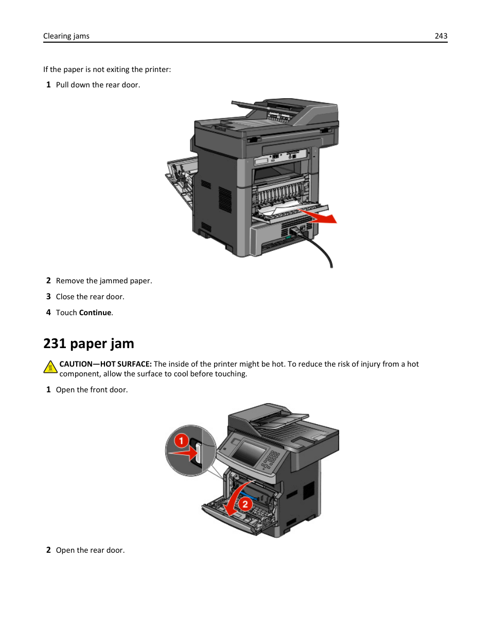 231 paper jam | Dell 3333/3335dn Mono Laser Printer User Manual | Page 243 / 302