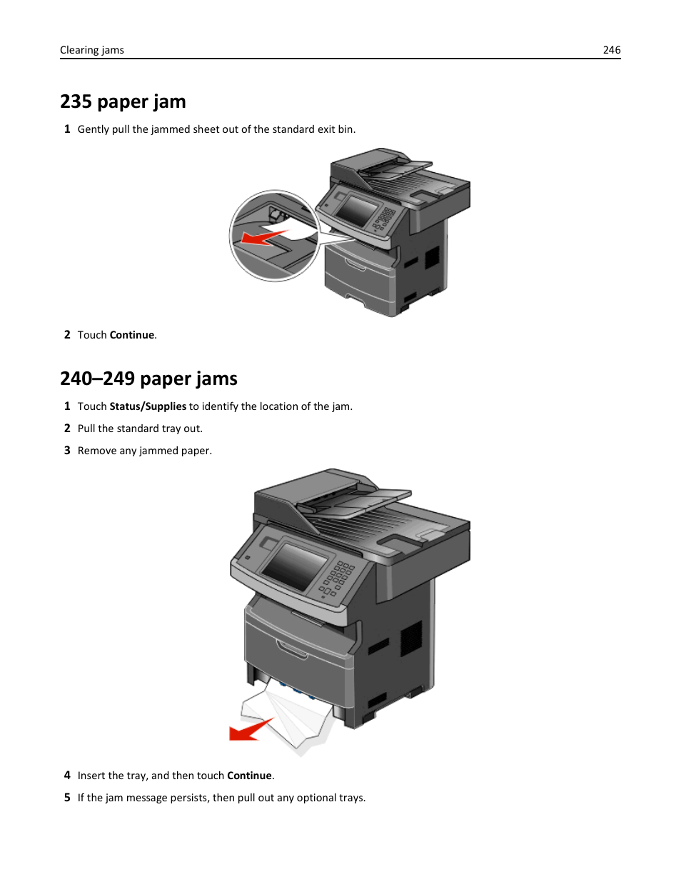 235 paper jam, 240–249 paper jams | Dell 3333/3335dn Mono Laser Printer User Manual | Page 246 / 302