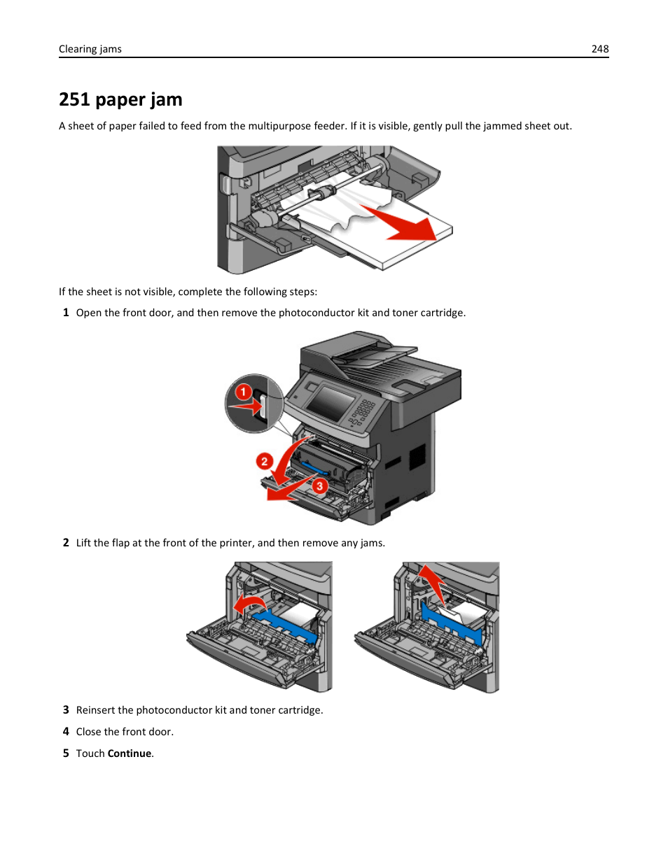 251 paper jam | Dell 3333/3335dn Mono Laser Printer User Manual | Page 248 / 302