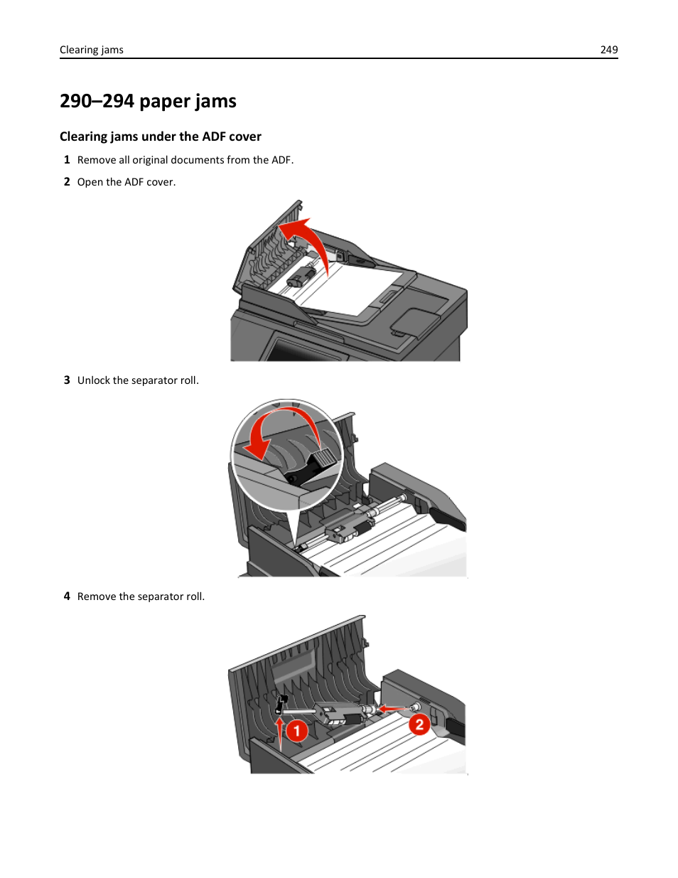 290–294 paper jams | Dell 3333/3335dn Mono Laser Printer User Manual | Page 249 / 302