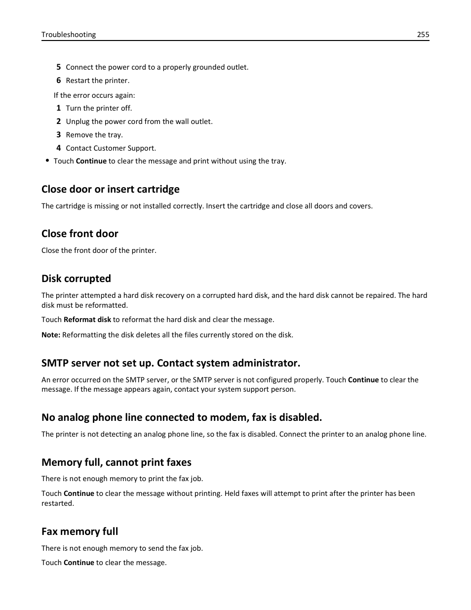 Close door or insert cartridge, Close front door, Disk corrupted | Memory full, cannot print faxes, Fax memory full | Dell 3333/3335dn Mono Laser Printer User Manual | Page 255 / 302