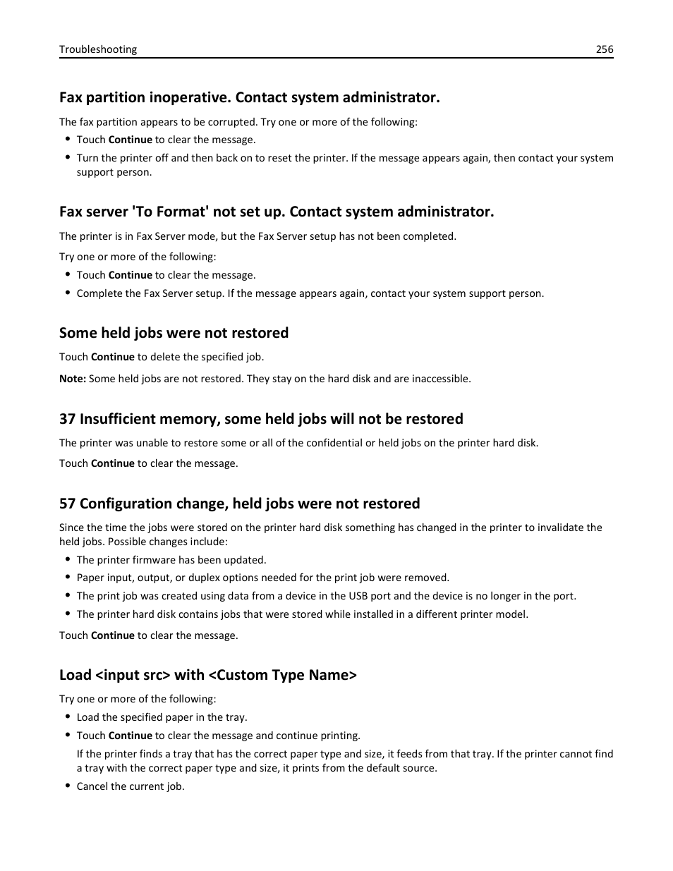 Some held jobs were not restored, Load <input src> with <custom type name | Dell 3333/3335dn Mono Laser Printer User Manual | Page 256 / 302