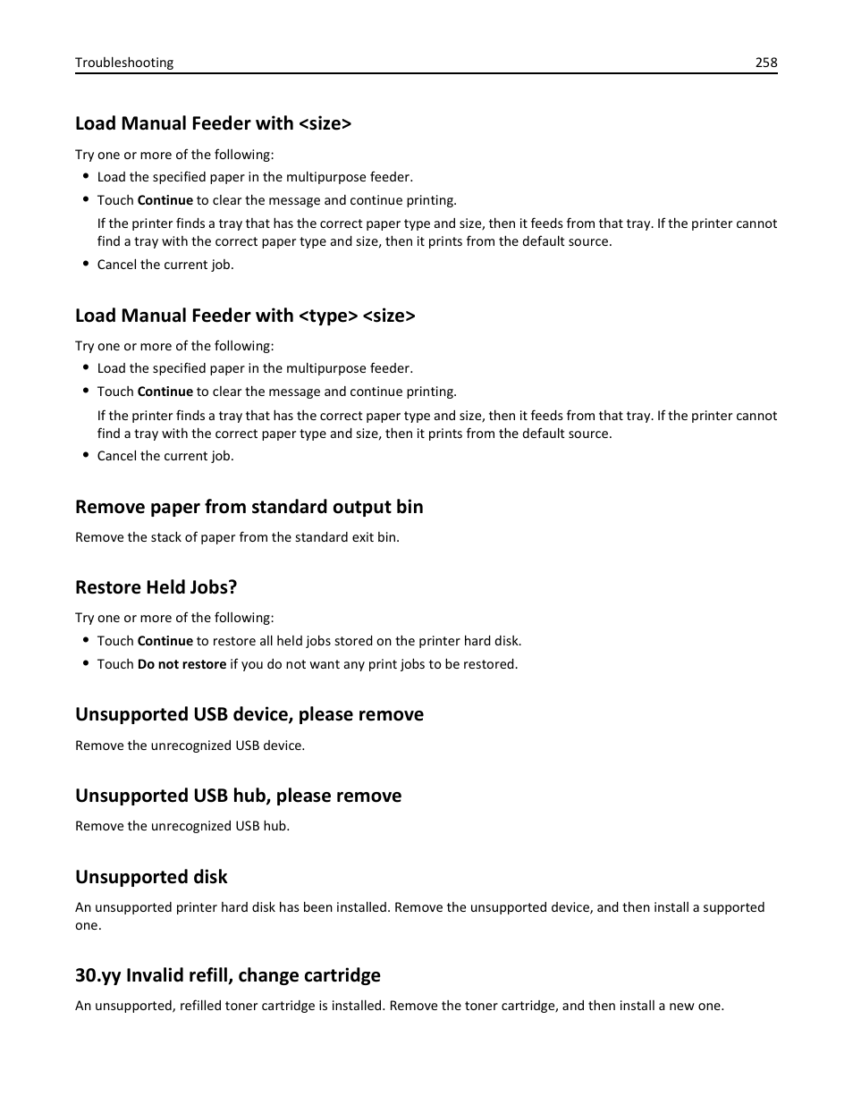 Load manual feeder with <size, Load manual feeder with <type> <size, Remove paper from standard output bin | Restore held jobs, Unsupported usb device, please remove, Unsupported usb hub, please remove, Unsupported disk, Yy invalid refill, change cartridge | Dell 3333/3335dn Mono Laser Printer User Manual | Page 258 / 302