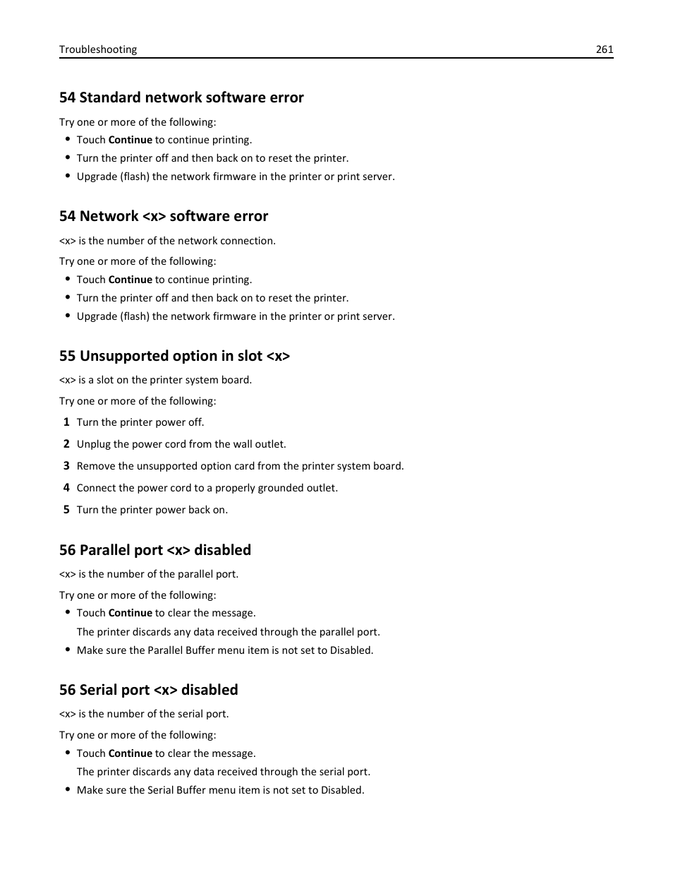 54 standard network software error, 54 network <x> software error, 55 unsupported option in slot <x | 56 parallel port <x> disabled, 56 serial port <x> disabled | Dell 3333/3335dn Mono Laser Printer User Manual | Page 261 / 302