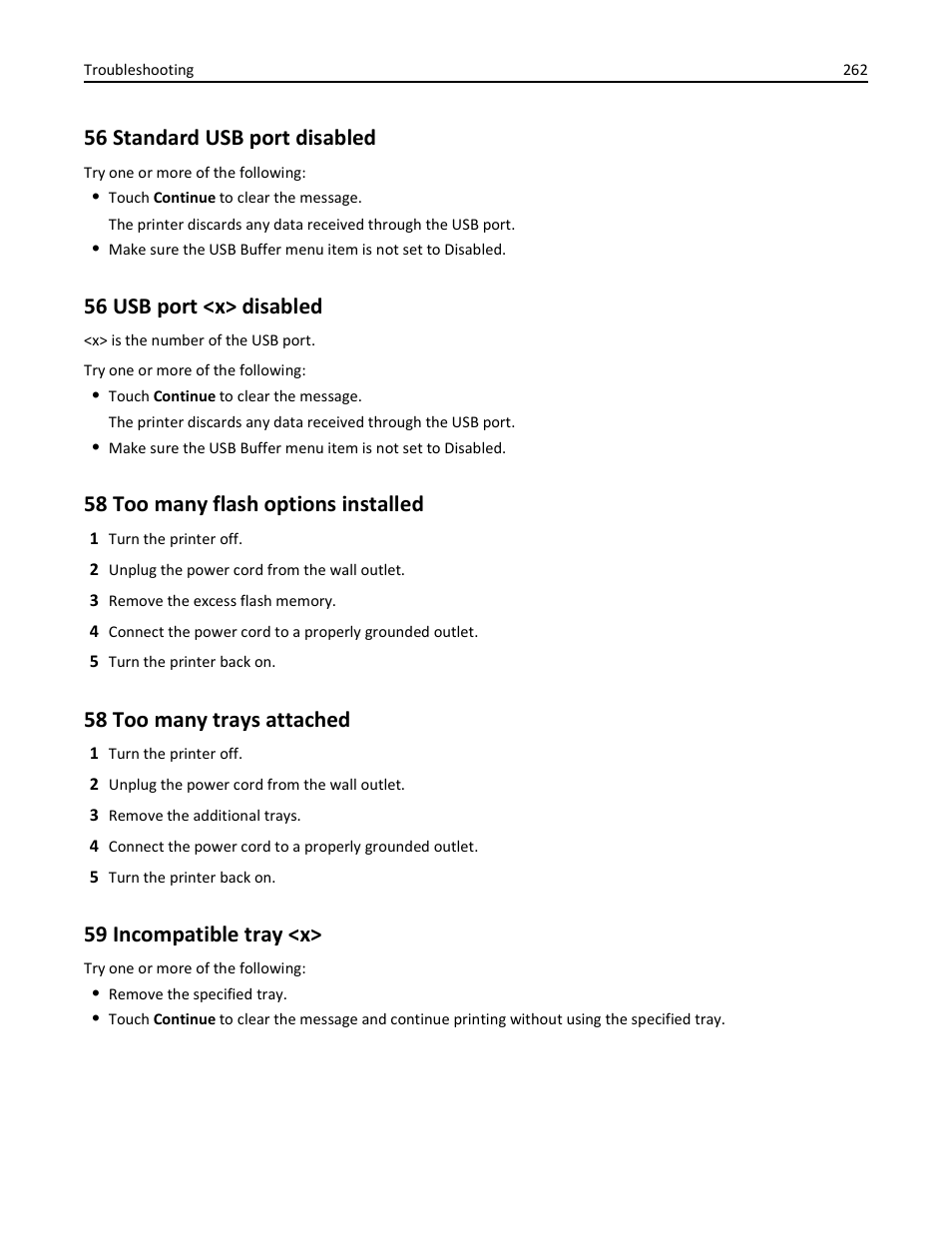 56 standard usb port disabled, 56 usb port <x> disabled, 58 too many flash options installed | 58 too many trays attached, 59 incompatible tray <x | Dell 3333/3335dn Mono Laser Printer User Manual | Page 262 / 302