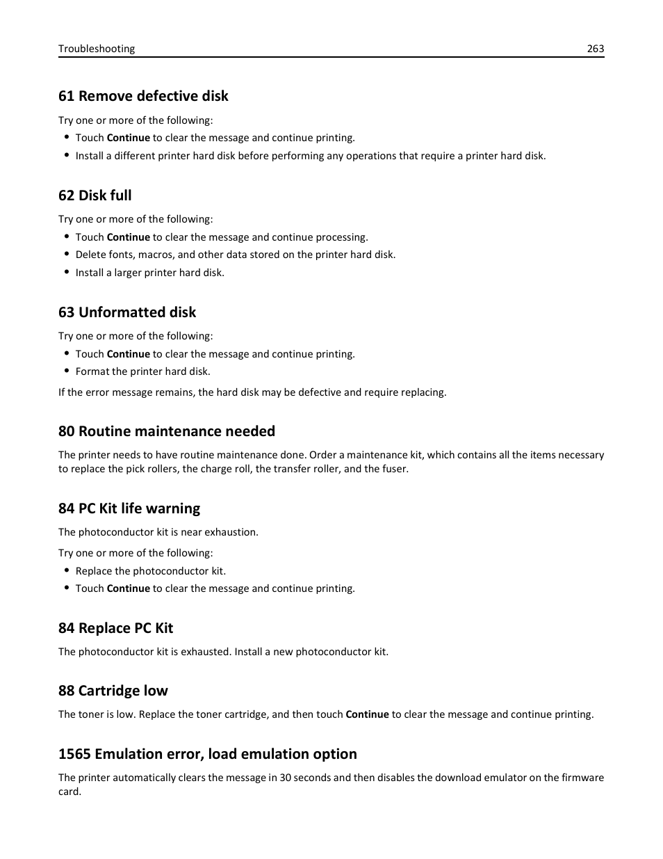 61 remove defective disk, 62 disk full, 63 unformatted disk | 80 routine maintenance needed, 84 pc kit life warning, 84 replace pc kit, 88 cartridge low, 1565 emulation error, load emulation option | Dell 3333/3335dn Mono Laser Printer User Manual | Page 263 / 302