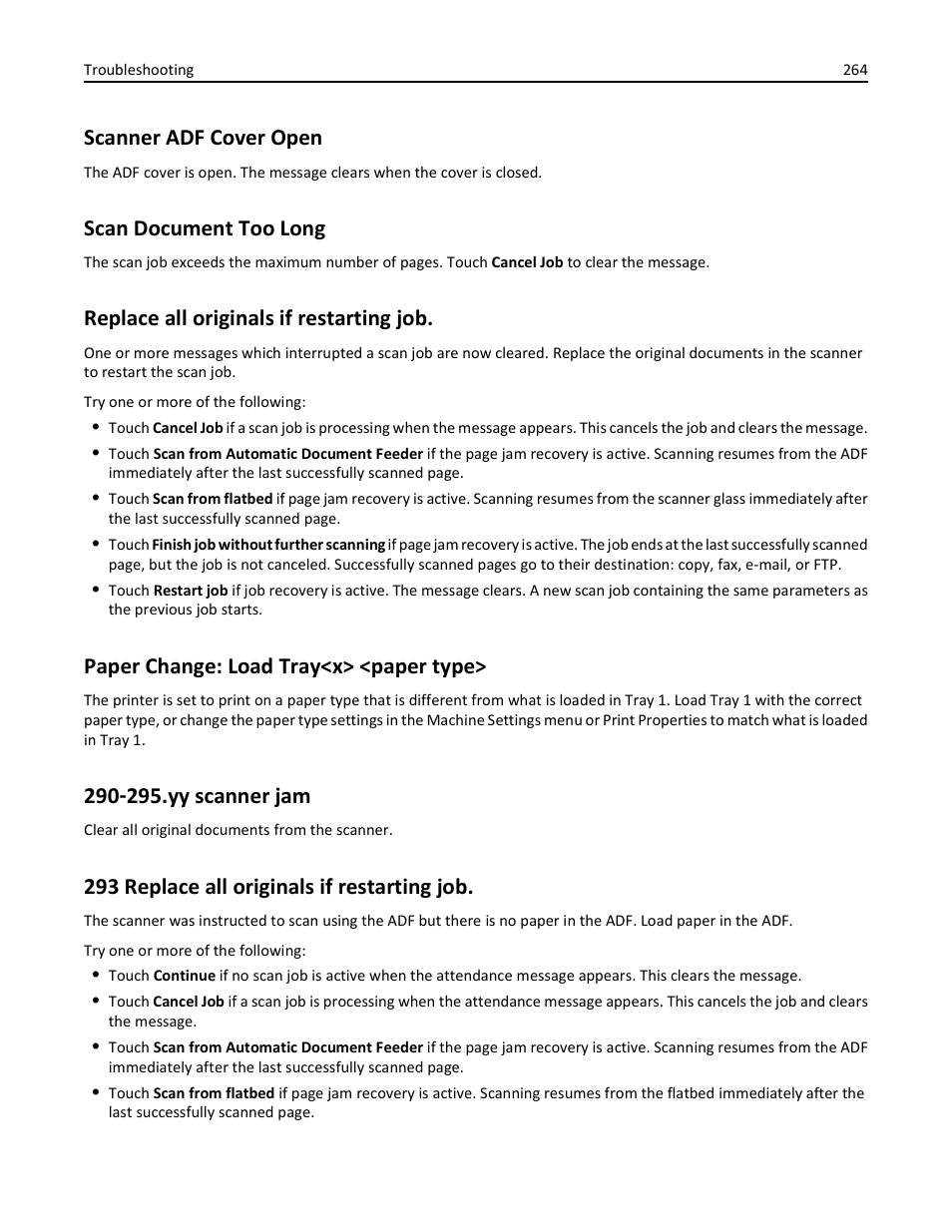 Scanner adf cover open, Scan document too long, Replace all originals if restarting job | Paper change: load tray<x> <paper type, 295.yy scanner jam, 293 replace all originals if restarting job, Yy scanner jam | Dell 3333/3335dn Mono Laser Printer User Manual | Page 264 / 302