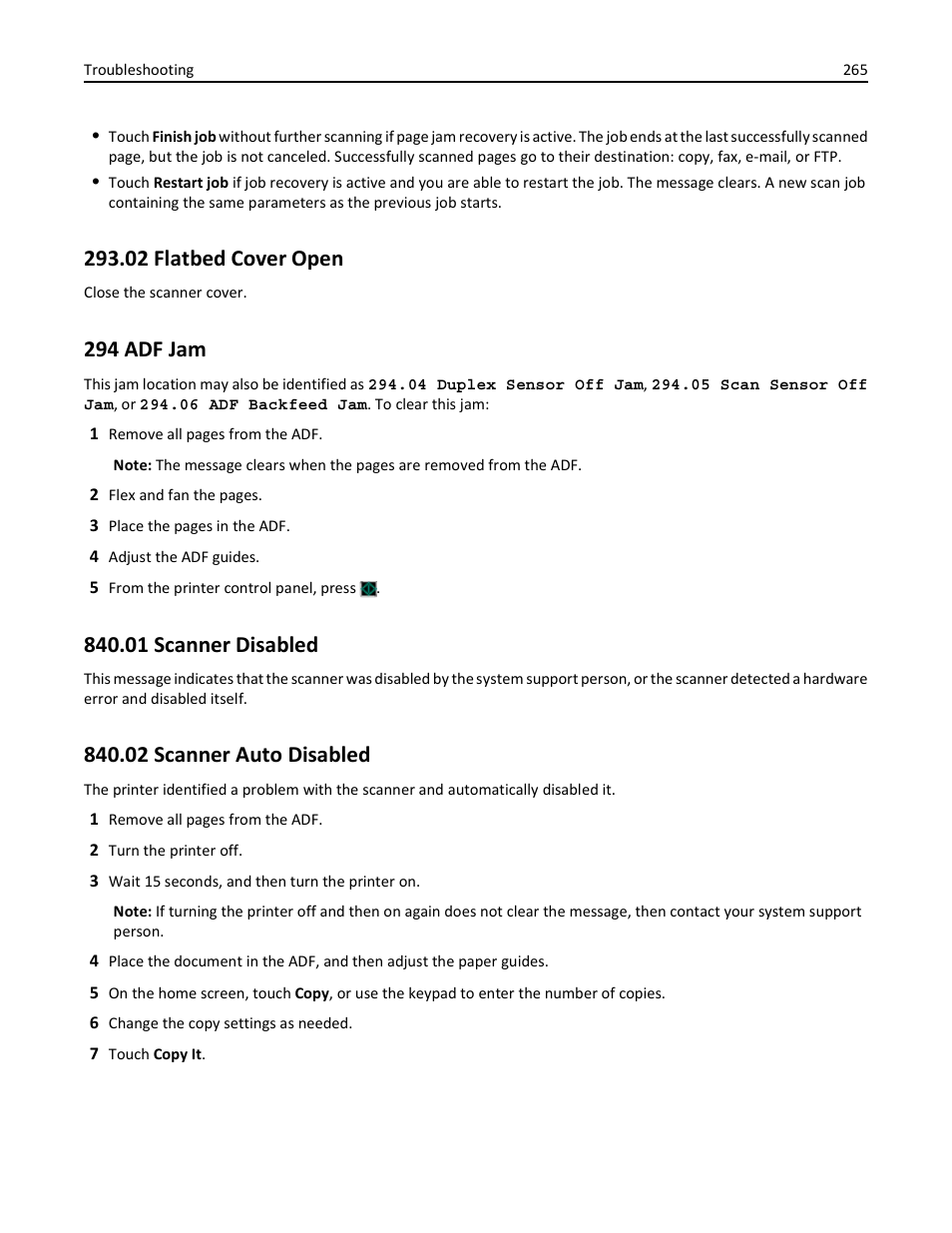 02 flatbed cover open, 294 adf jam, 01 scanner disabled | 02 scanner auto disabled | Dell 3333/3335dn Mono Laser Printer User Manual | Page 265 / 302