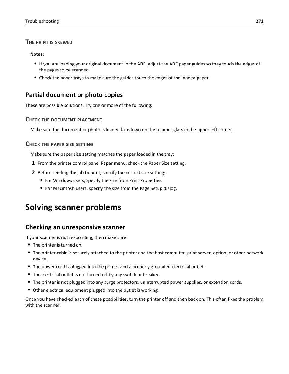 The print is skewed, Partial document or photo copies, Check the document placement | Check the paper size setting, Solving scanner problems, Checking an unresponsive scanner | Dell 3333/3335dn Mono Laser Printer User Manual | Page 271 / 302