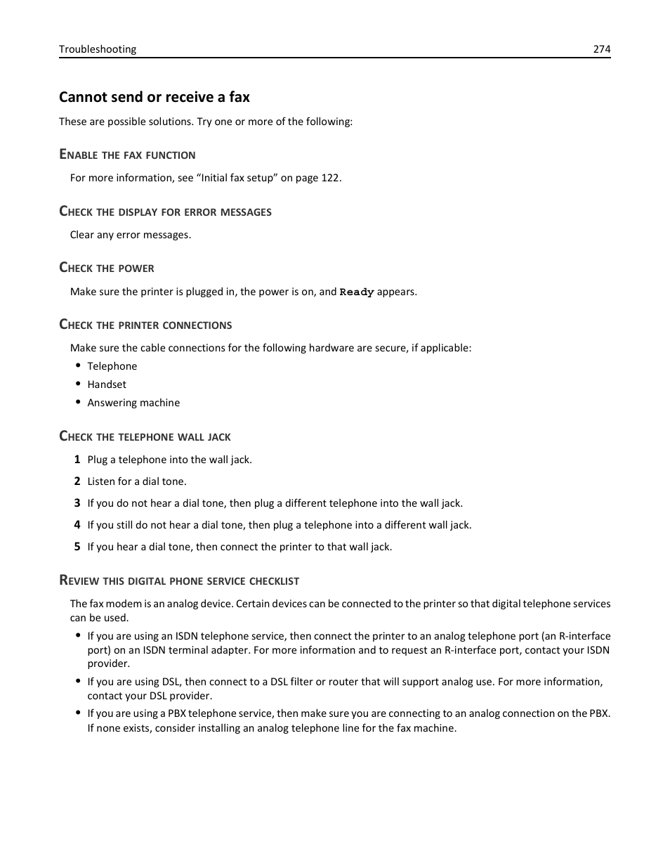 Cannot send or receive a fax, Enable the fax function, Check the display for error messages | Check the power, Check the printer connections, Check the telephone wall jack, Review this digital phone service checklist | Dell 3333/3335dn Mono Laser Printer User Manual | Page 274 / 302