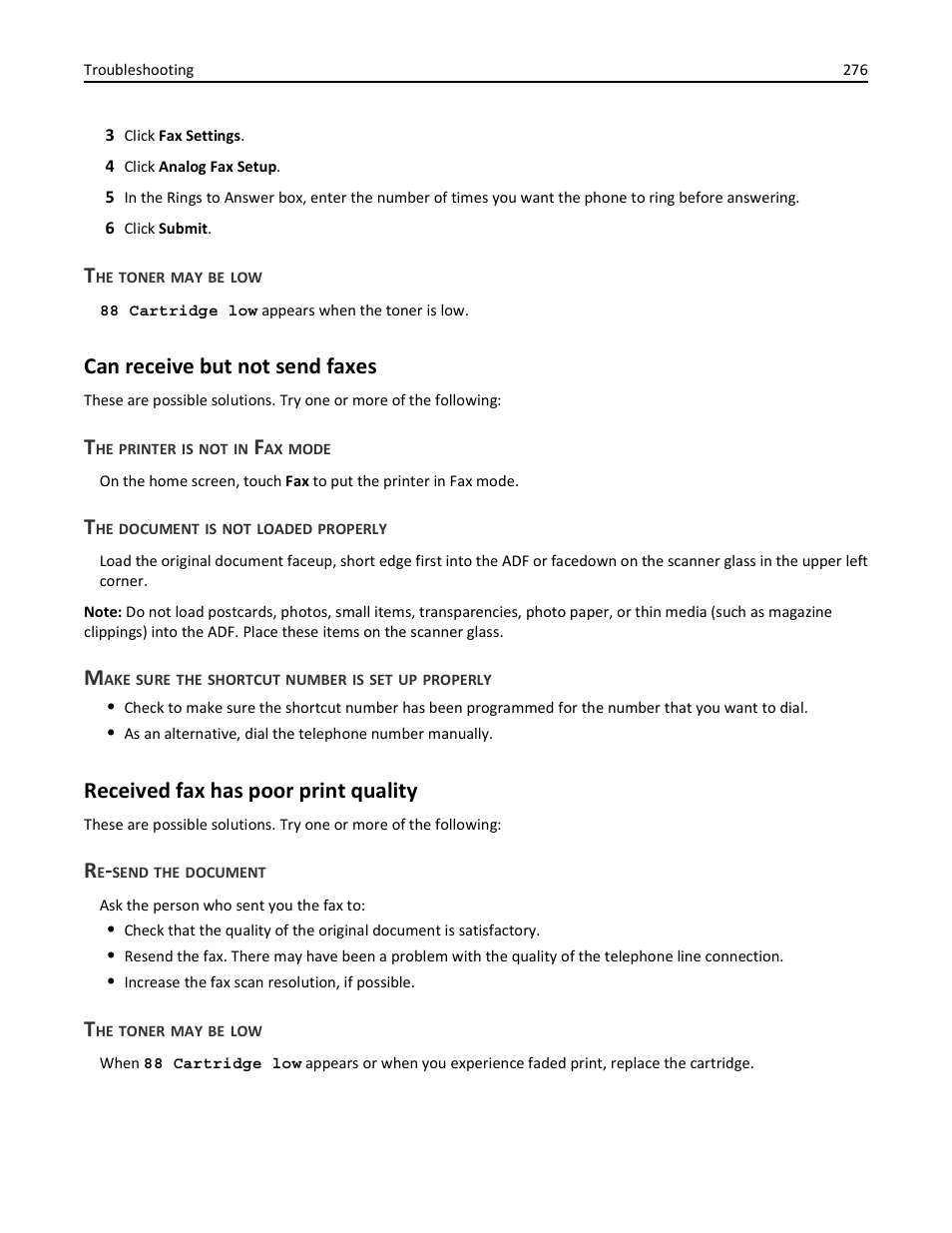 The toner may be low, Can receive but not send faxes, The printer is not in fax mode | The document is not loaded properly, Make sure the shortcut number is set up properly, Received fax has poor print quality, Re-send the document | Dell 3333/3335dn Mono Laser Printer User Manual | Page 276 / 302