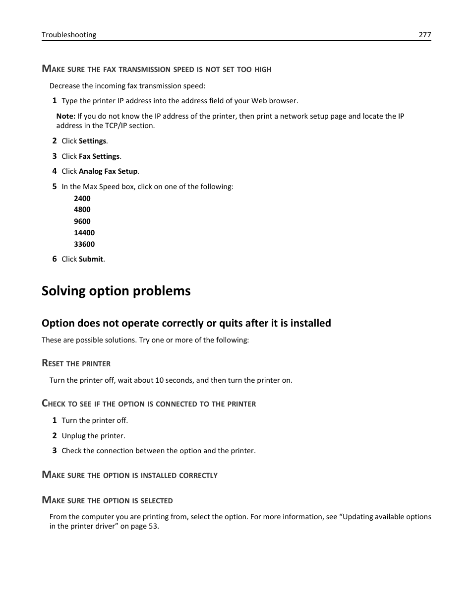 Solving option problems, Reset the printer, Make sure the option is installed correctly | Make sure the option is selected | Dell 3333/3335dn Mono Laser Printer User Manual | Page 277 / 302