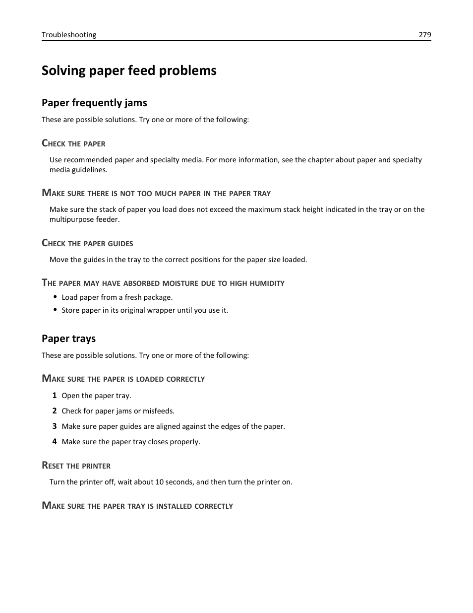 Solving paper feed problems, Paper frequently jams, Check the paper | Check the paper guides, Paper trays, Make sure the paper is loaded correctly, Reset the printer, Make sure the paper tray is installed correctly, Paper frequently jams paper trays | Dell 3333/3335dn Mono Laser Printer User Manual | Page 279 / 302