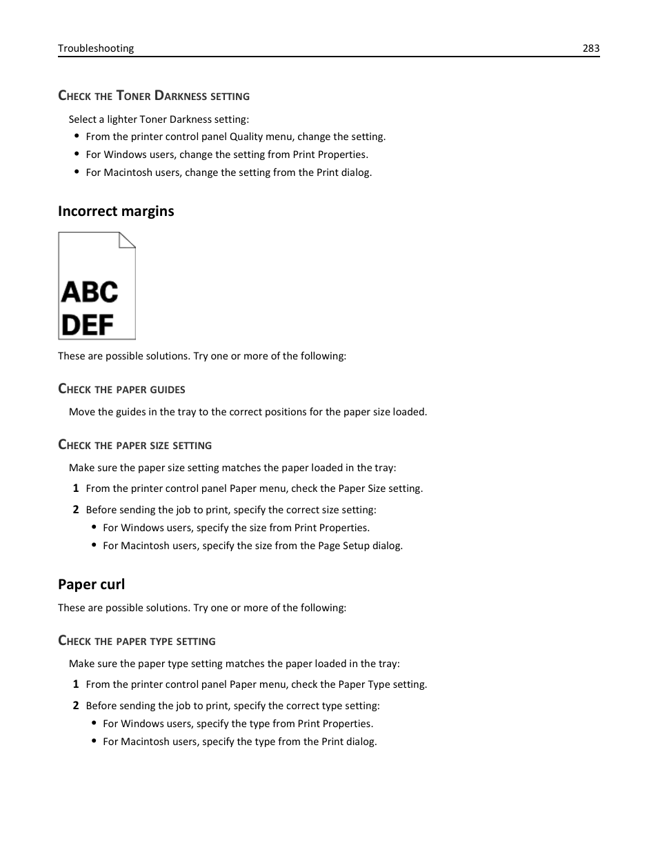 Check the toner darkness setting, Incorrect margins, Check the paper guides | Check the paper size setting, Paper curl, Check the paper type setting, Incorrect margins paper curl | Dell 3333/3335dn Mono Laser Printer User Manual | Page 283 / 302