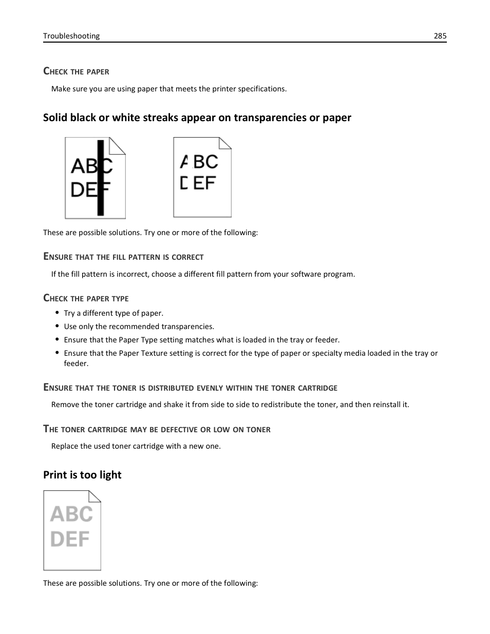 Check the paper, Ensure that the fill pattern is correct, Check the paper type | Print is too light | Dell 3333/3335dn Mono Laser Printer User Manual | Page 285 / 302