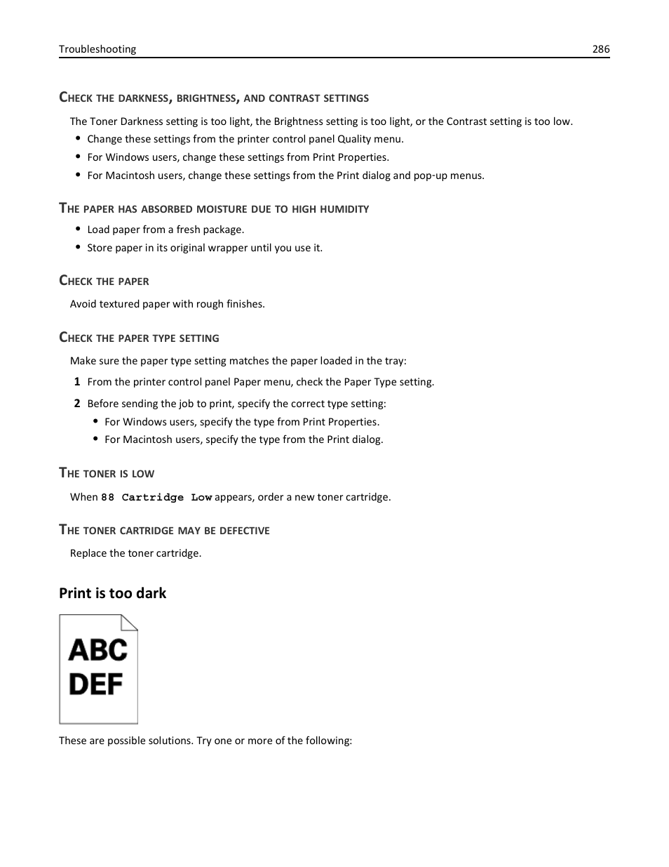 Check the paper, Check the paper type setting, The toner is low | The toner cartridge may be defective, Print is too dark | Dell 3333/3335dn Mono Laser Printer User Manual | Page 286 / 302