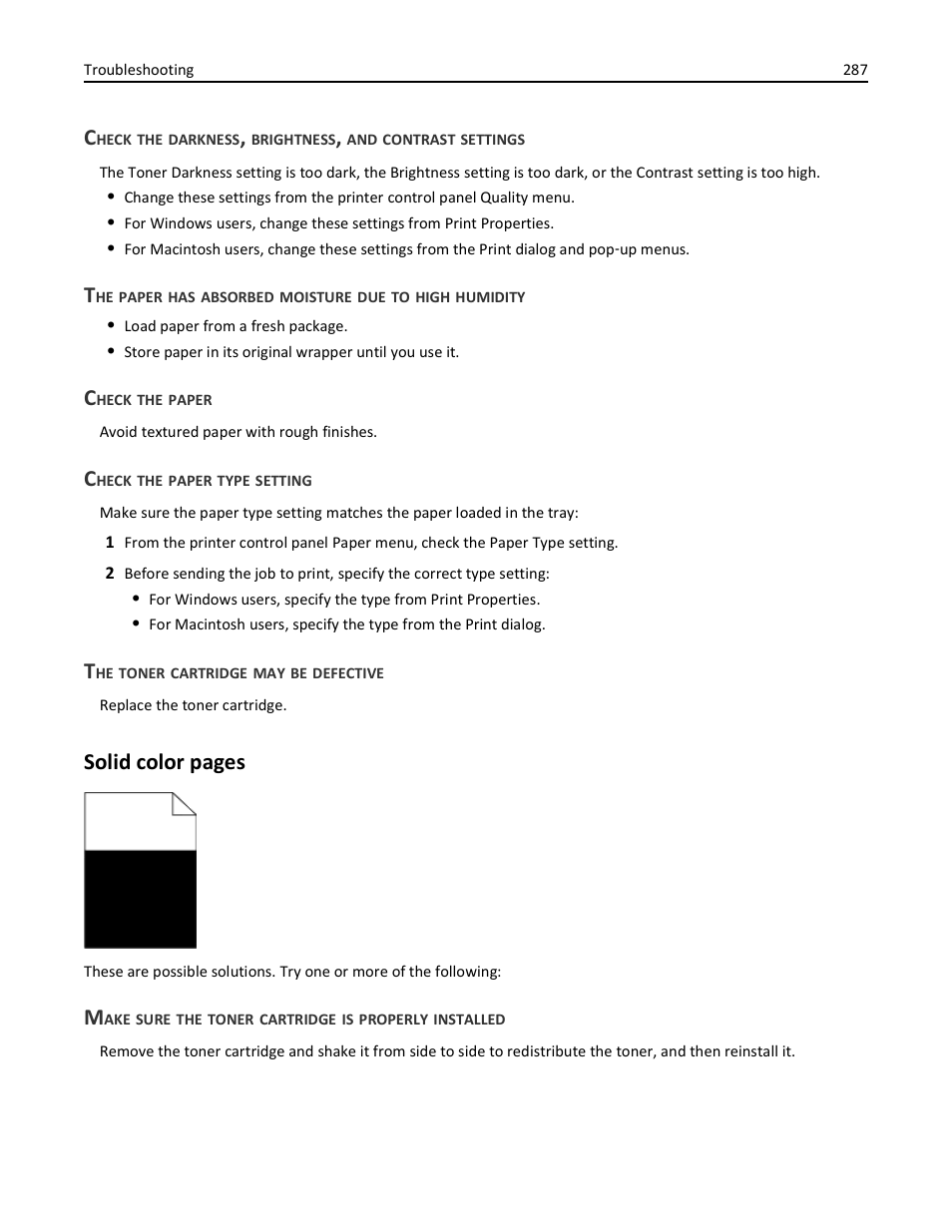 Check the paper, Check the paper type setting, The toner cartridge may be defective | Solid color pages | Dell 3333/3335dn Mono Laser Printer User Manual | Page 287 / 302