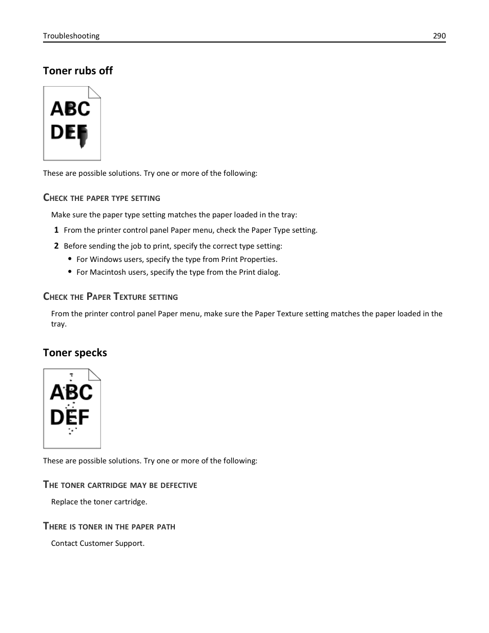 Toner rubs off, Check the paper type setting, Check the paper texture setting | Toner specks, The toner cartridge may be defective, There is toner in the paper path, Toner rubs off toner specks | Dell 3333/3335dn Mono Laser Printer User Manual | Page 290 / 302