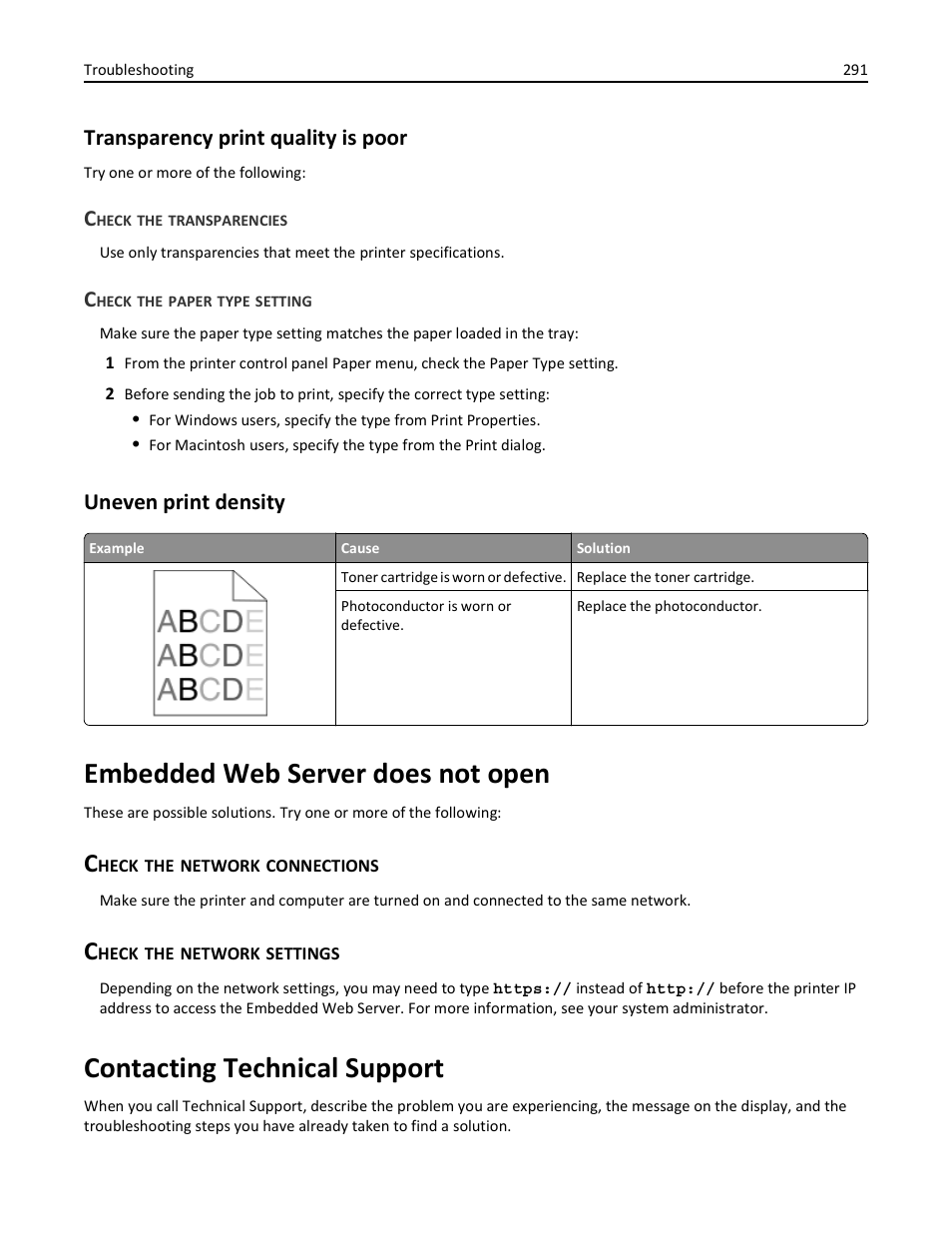 Transparency print quality is poor, Check the transparencies, Check the paper type setting | Uneven print density, Embedded web server does not open, Check the network connections, Check the network settings, Contacting technical support | Dell 3333/3335dn Mono Laser Printer User Manual | Page 291 / 302