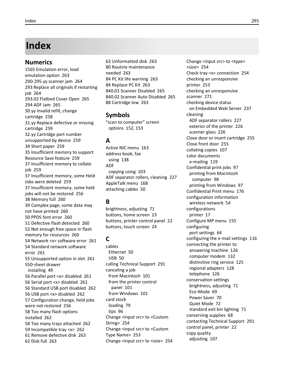 Index, Numerics, Symbols | Dell 3333/3335dn Mono Laser Printer User Manual | Page 295 / 302