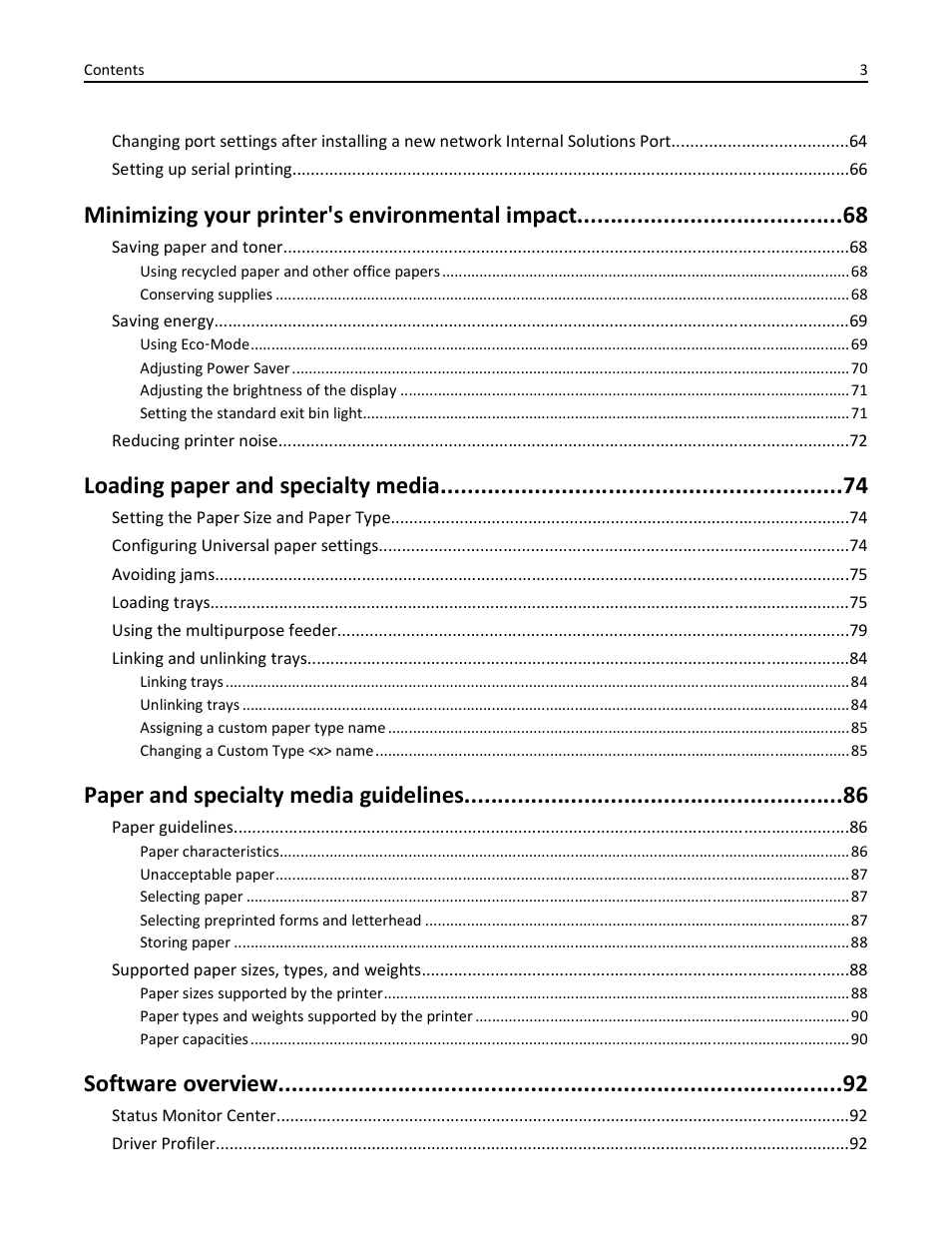 Minimizing your printer's environmental impact, Loading paper and specialty media, Paper and specialty media guidelines | Software overview | Dell 3333/3335dn Mono Laser Printer User Manual | Page 3 / 302
