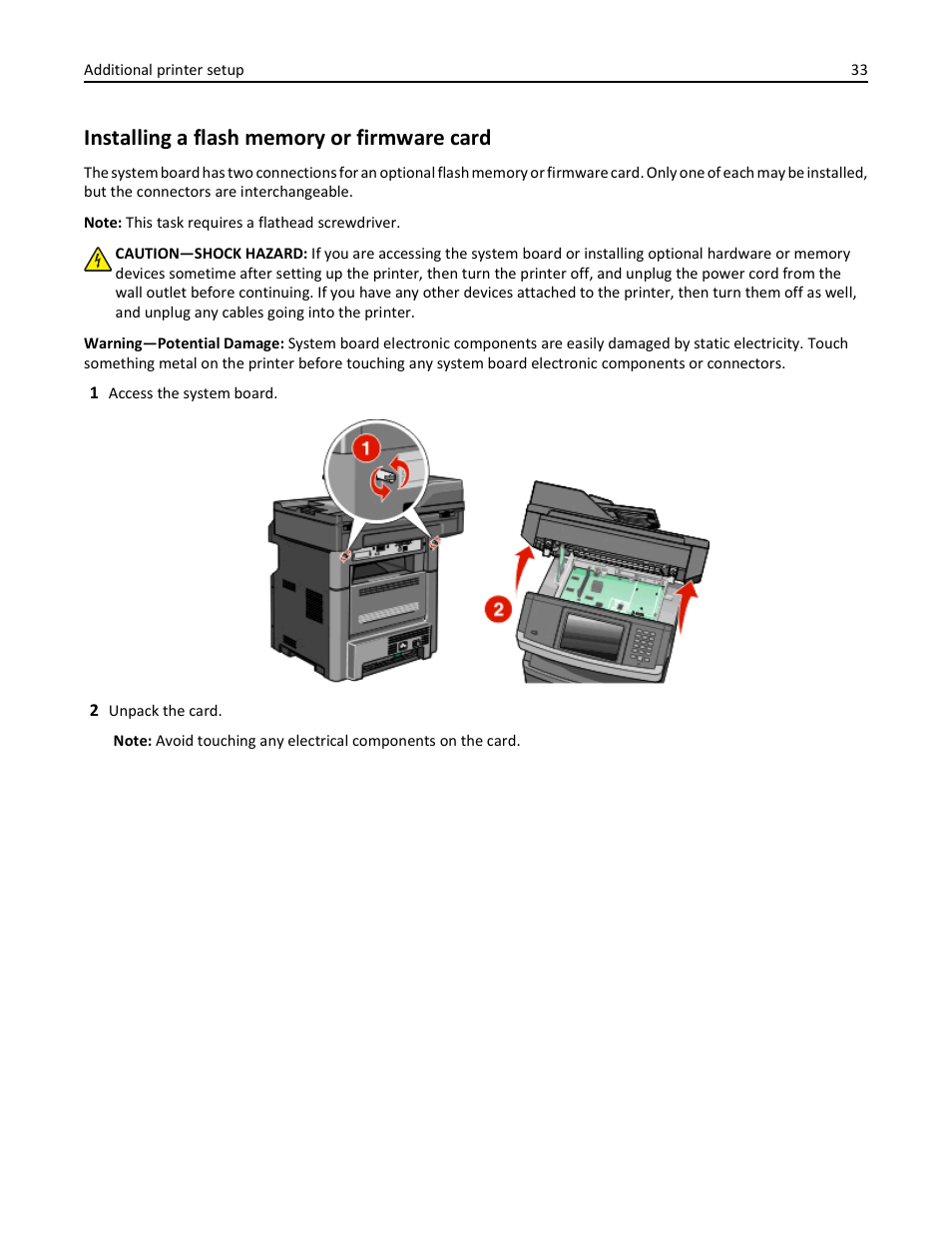 Installing a flash memory or firmware card | Dell 3333/3335dn Mono Laser Printer User Manual | Page 33 / 302