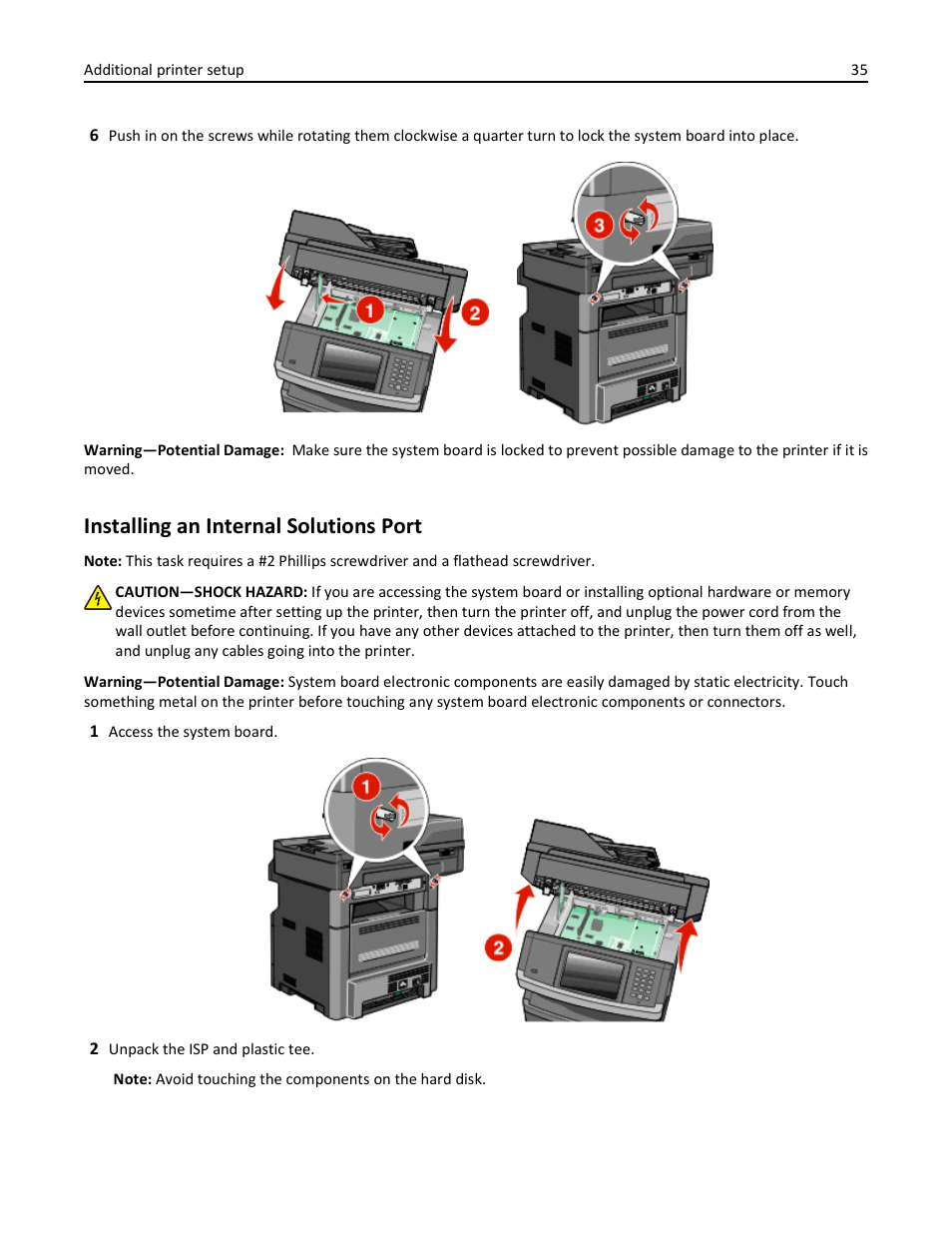 Installing an internal solutions port | Dell 3333/3335dn Mono Laser Printer User Manual | Page 35 / 302