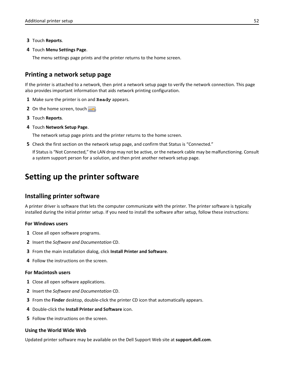 Setting up the printer software, Installing printer software, Printing a network setup page | Dell 3333/3335dn Mono Laser Printer User Manual | Page 52 / 302