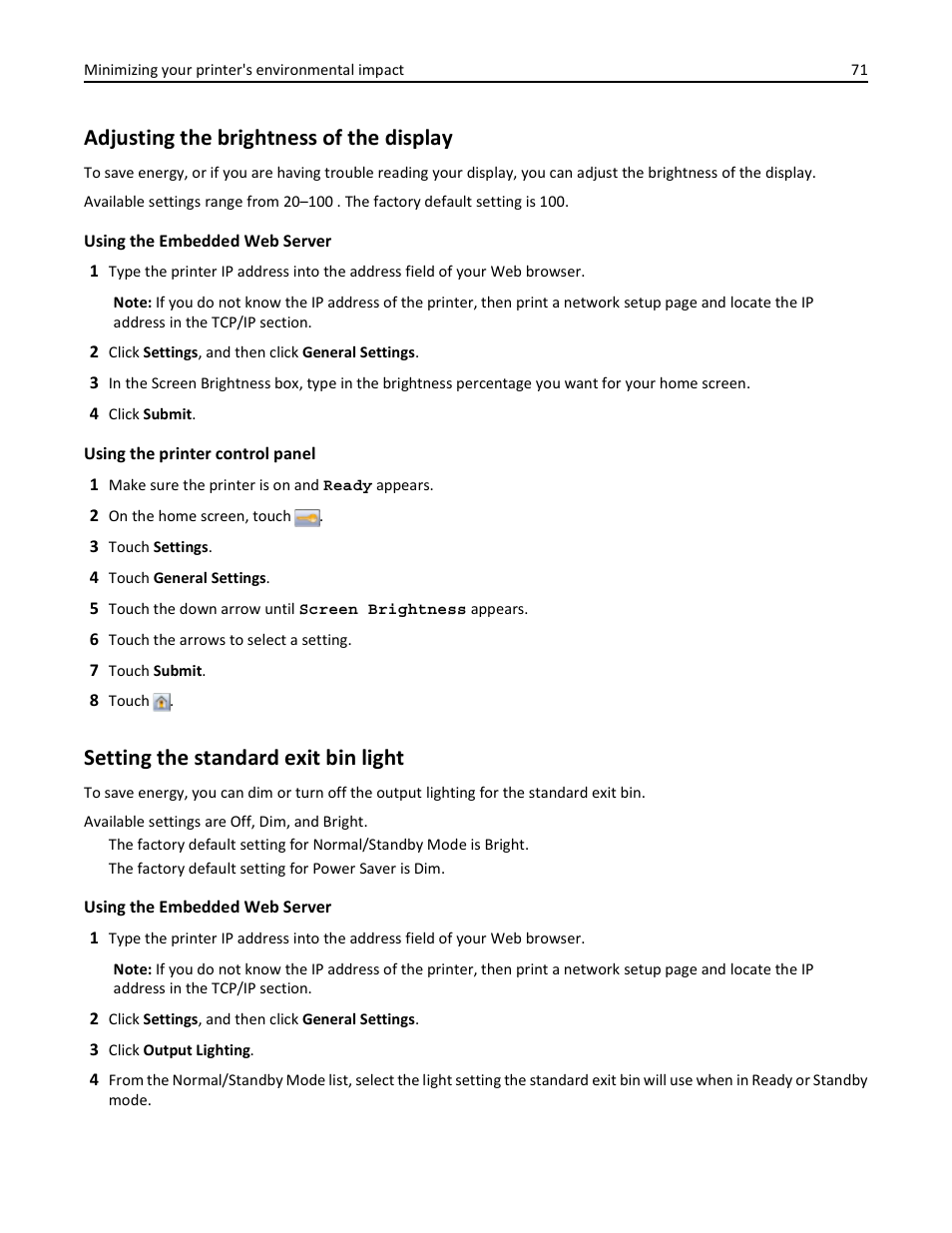 Adjusting the brightness of the display, Setting the standard exit bin light | Dell 3333/3335dn Mono Laser Printer User Manual | Page 71 / 302
