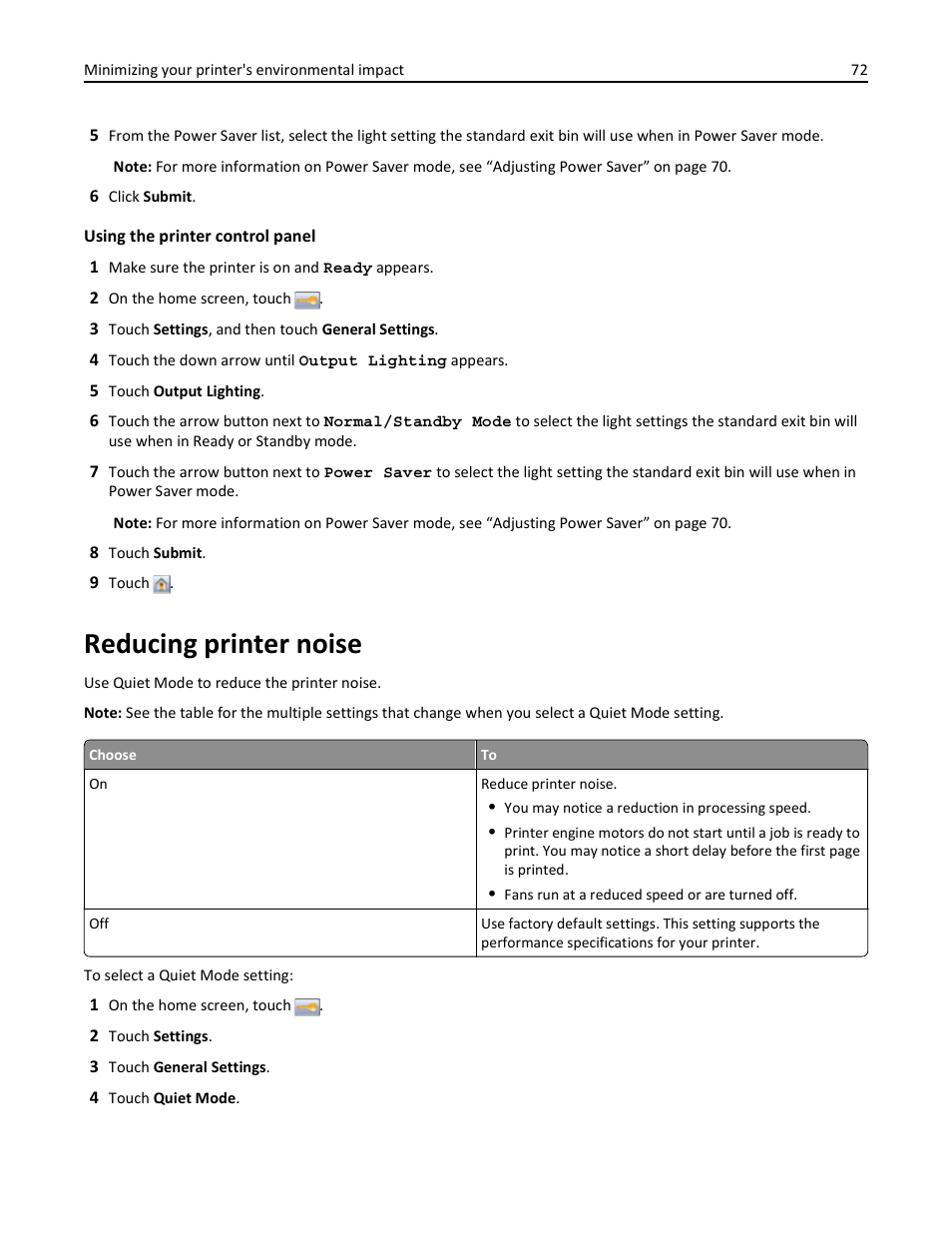 Reducing printer noise | Dell 3333/3335dn Mono Laser Printer User Manual | Page 72 / 302