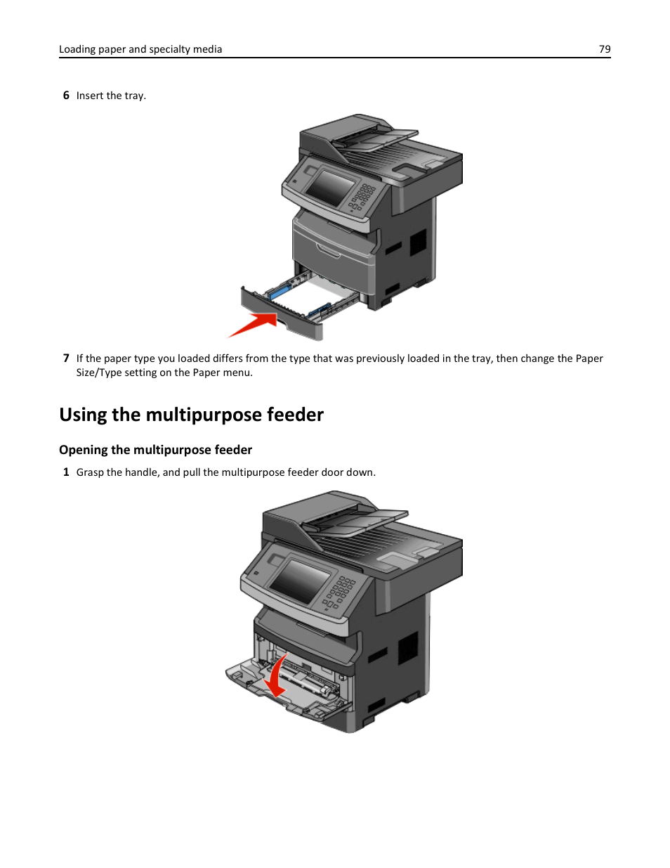 Using the multipurpose feeder | Dell 3333/3335dn Mono Laser Printer User Manual | Page 79 / 302