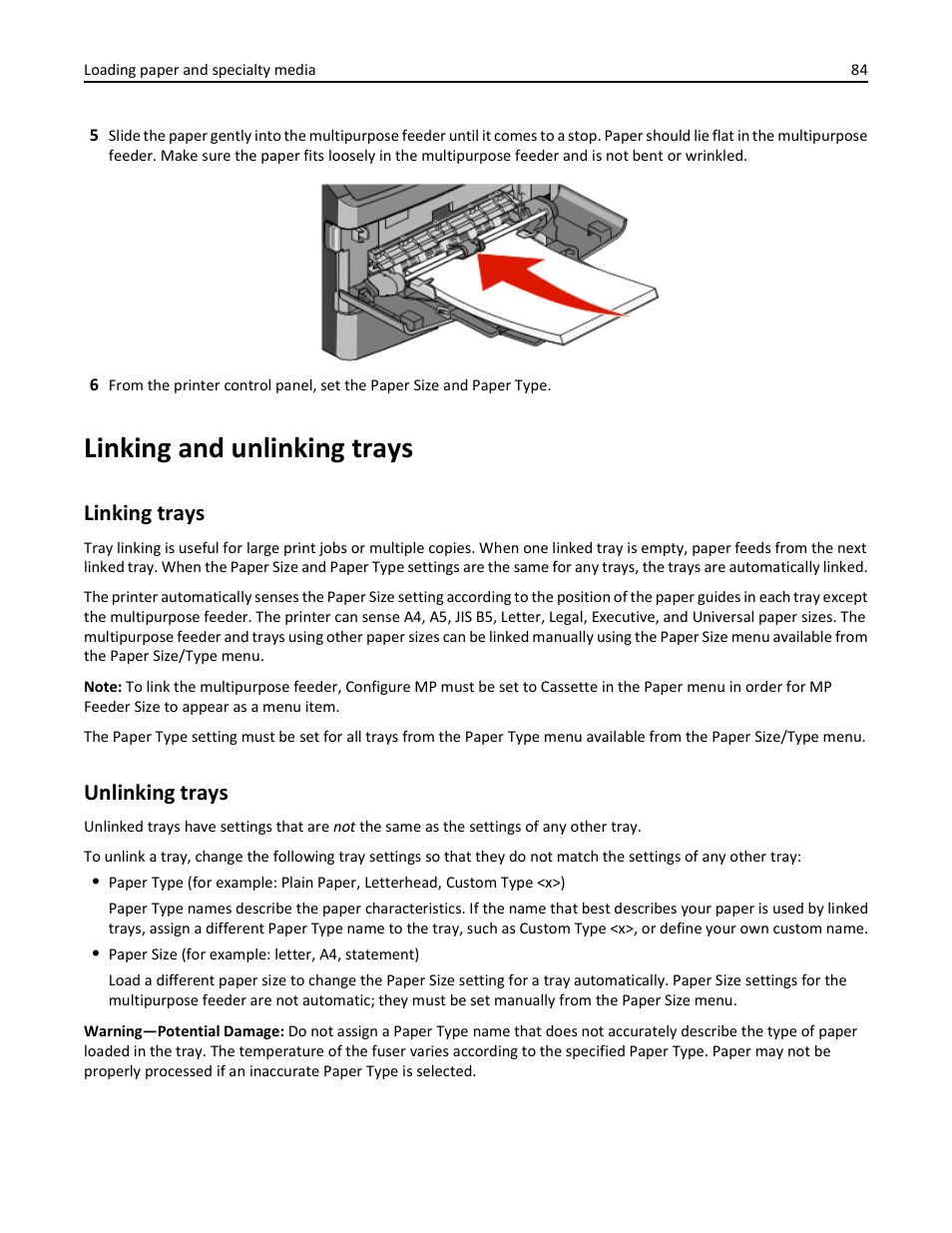 Linking and unlinking trays, Linking trays, Unlinking trays | Linking trays unlinking trays | Dell 3333/3335dn Mono Laser Printer User Manual | Page 84 / 302