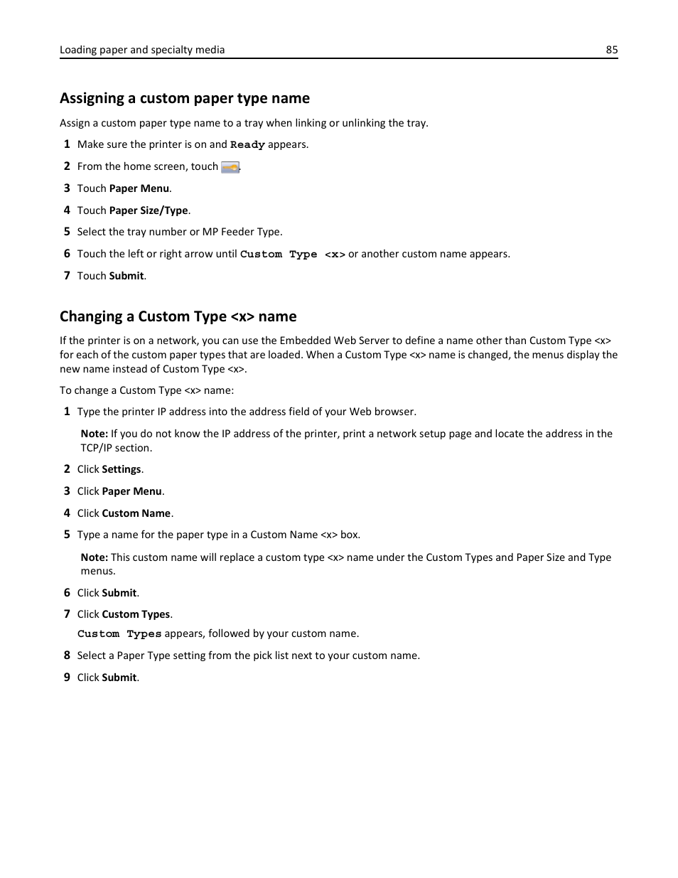 Assigning a custom paper type name, Changing a custom type <x> name | Dell 3333/3335dn Mono Laser Printer User Manual | Page 85 / 302