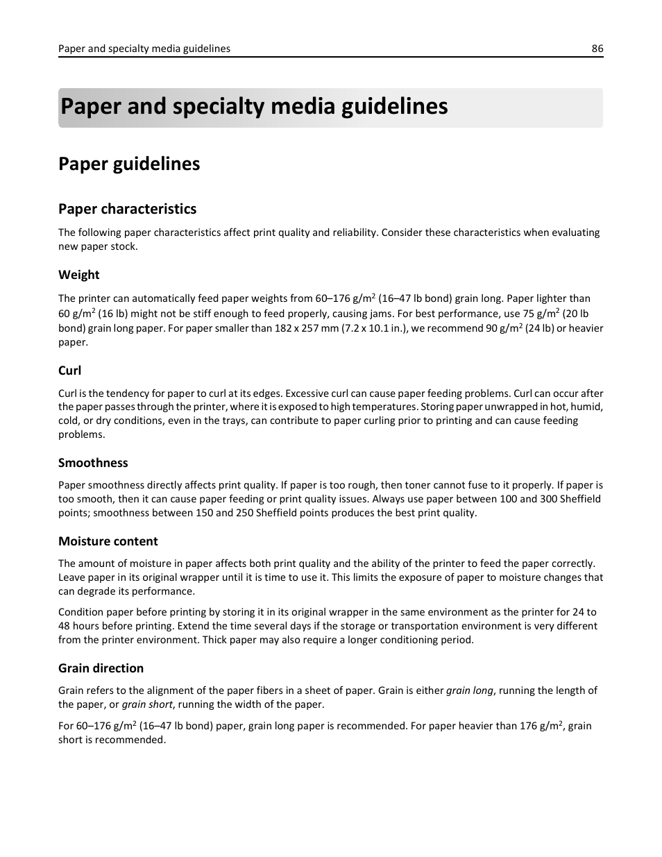 Paper and specialty media guidelines, Paper guidelines, Paper characteristics | Dell 3333/3335dn Mono Laser Printer User Manual | Page 86 / 302