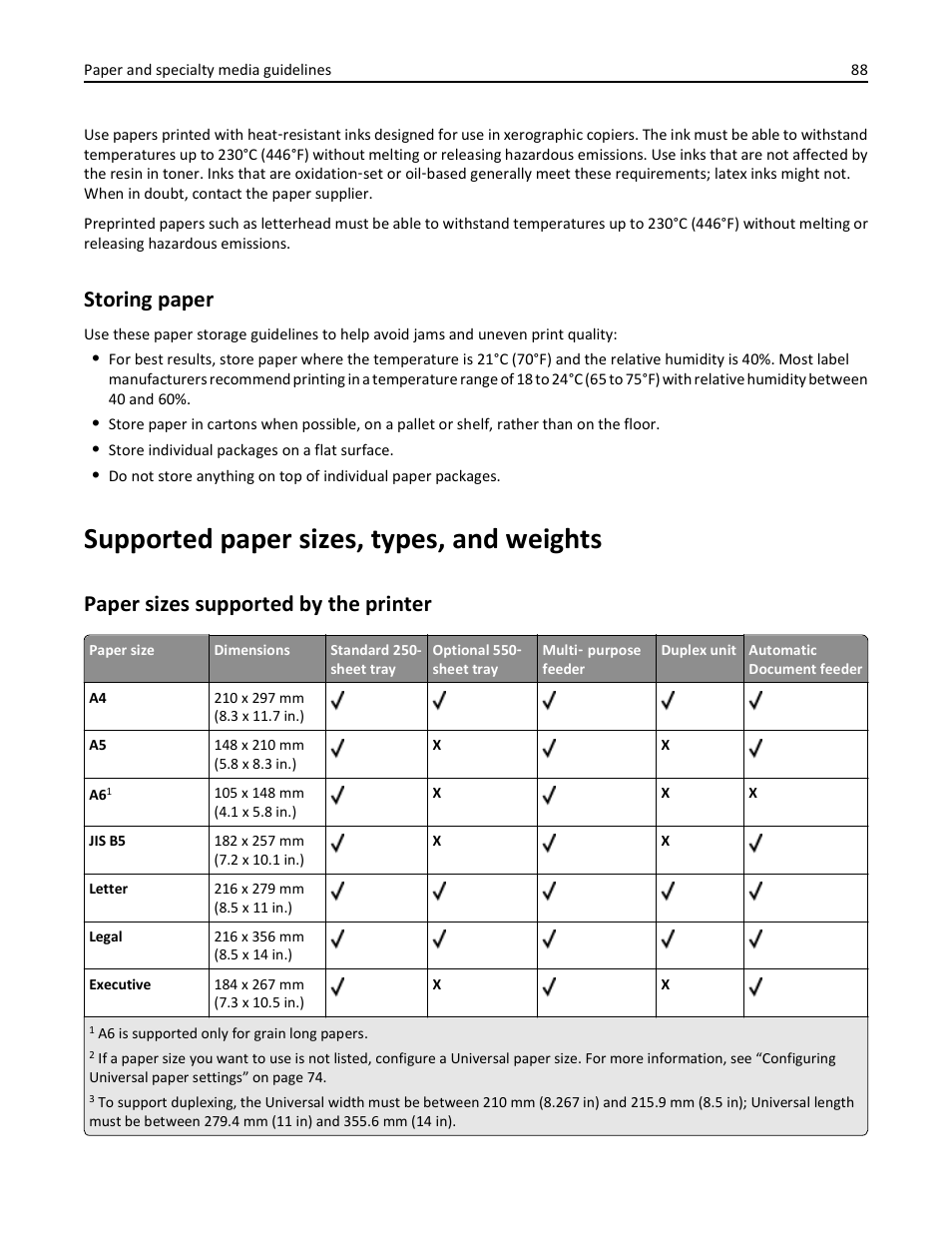 Storing paper, Supported paper sizes, types, and weights, Paper sizes supported by the printer | Dell 3333/3335dn Mono Laser Printer User Manual | Page 88 / 302