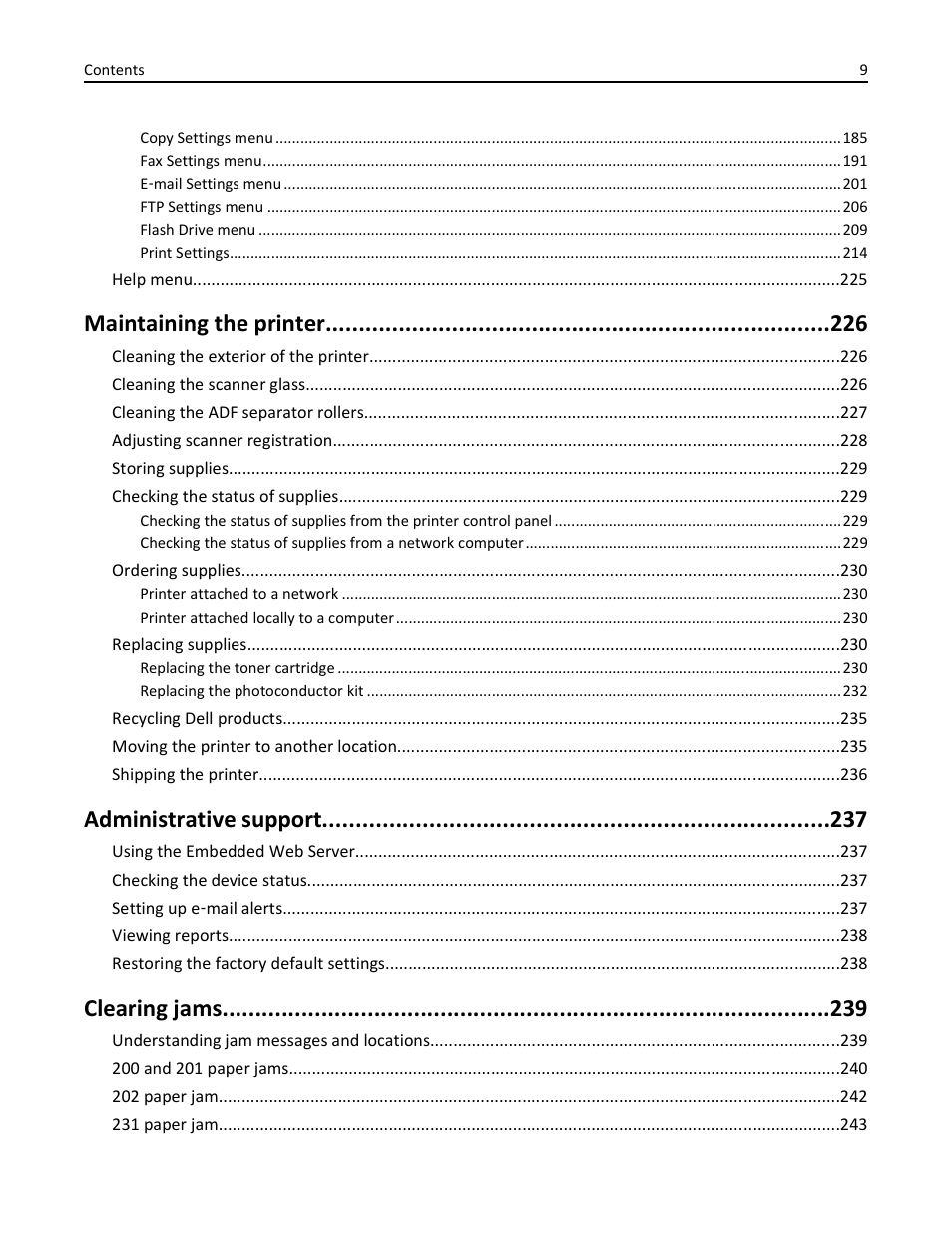 Maintaining the printer, Administrative support, Clearing jams | Dell 3333/3335dn Mono Laser Printer User Manual | Page 9 / 302