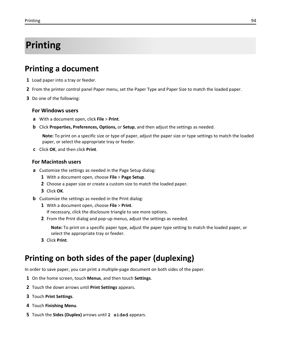 Printing, Printing a document, Printing on both sides of the paper (duplexing) | Dell 3333/3335dn Mono Laser Printer User Manual | Page 94 / 302