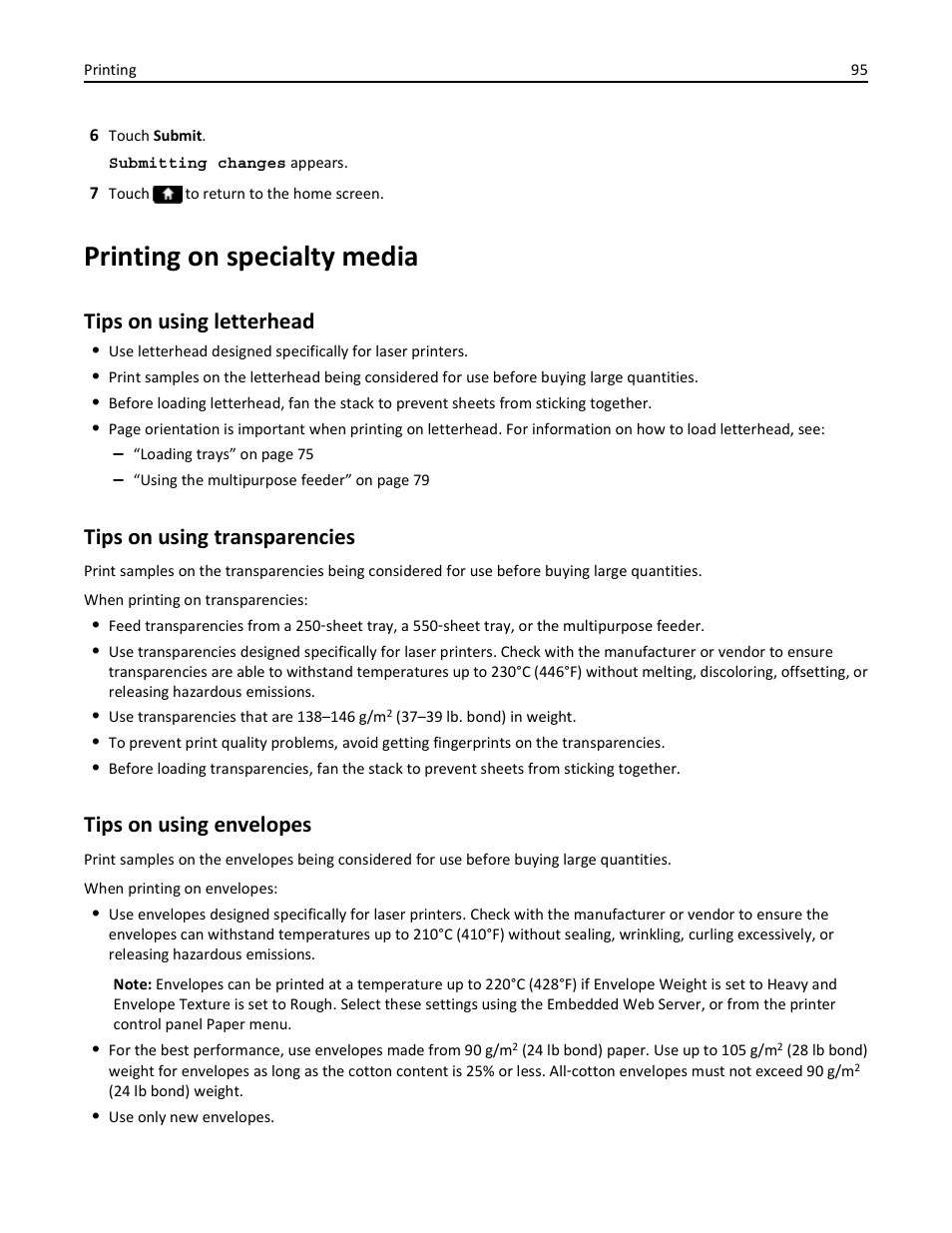 Printing on specialty media, Tips on using letterhead, Tips on using transparencies | Tips on using envelopes | Dell 3333/3335dn Mono Laser Printer User Manual | Page 95 / 302