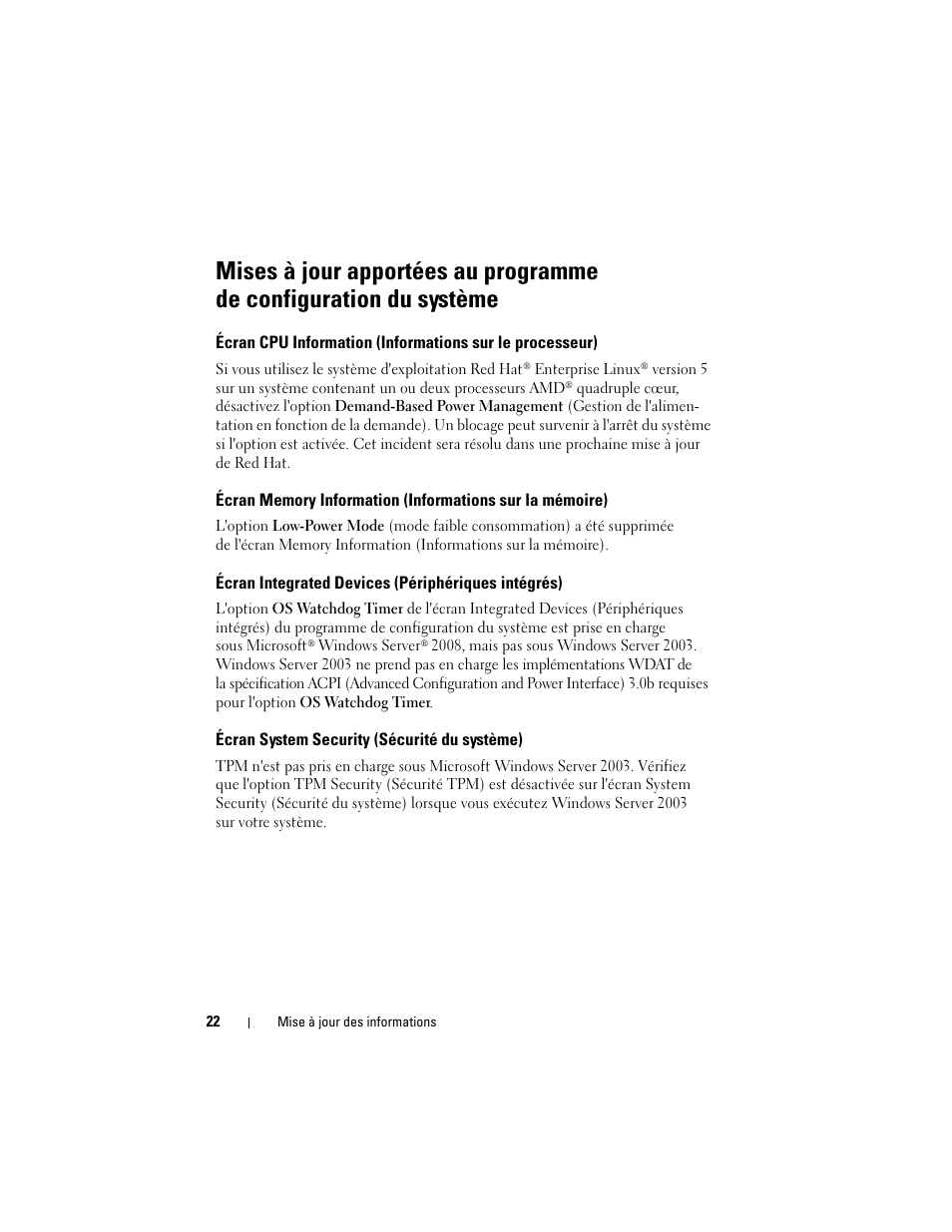 Écran integrated devices (périphériques intégrés), Écran system security (sécurité du système) | Dell POWEREDGE R805 User Manual | Page 24 / 66