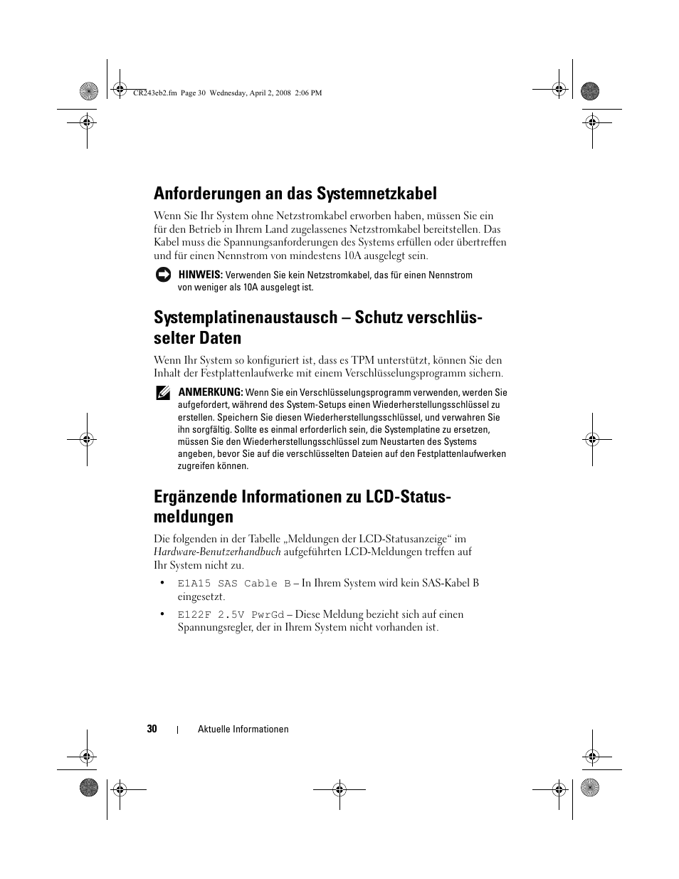 Anforderungen an das systemnetzkabel, Ergänzende informationen zu lcd-statusmeldungen, Ergänzende informationen zu lcd-status- meldungen | Dell POWEREDGE R805 User Manual | Page 32 / 66