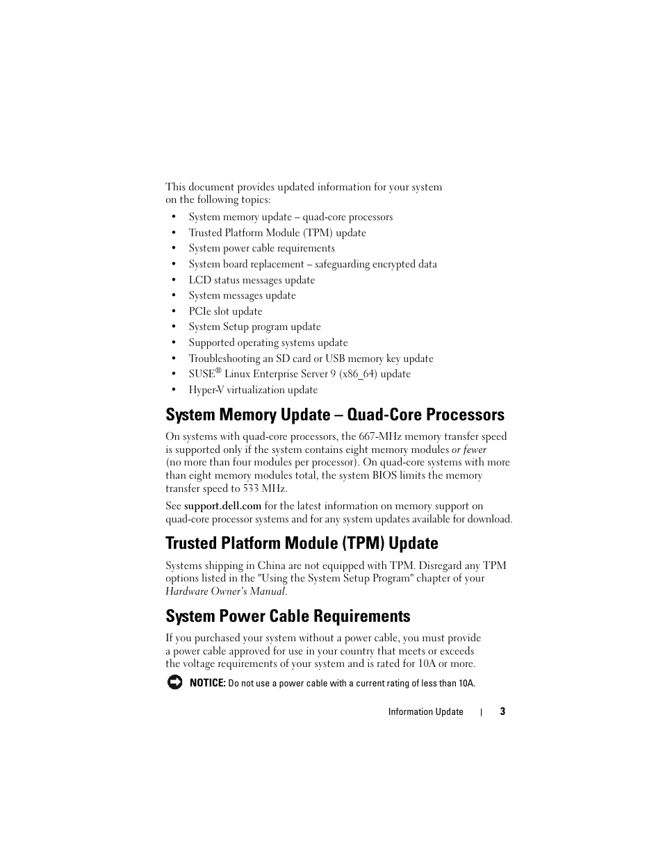 System memory update - quad-core processors, Trusted platform module (tpm) update, System power cable requirements | Dell POWEREDGE R805 User Manual | Page 5 / 66