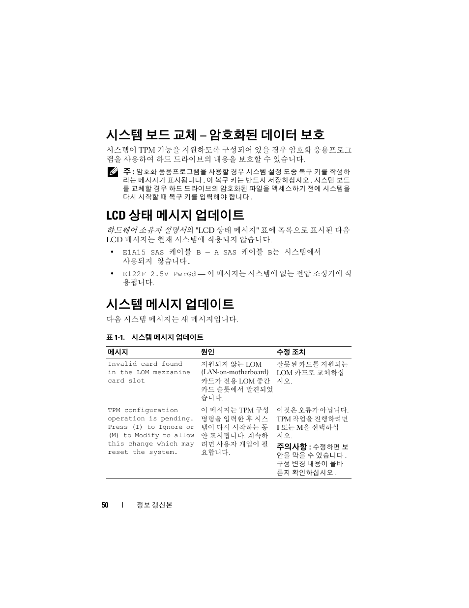 시스템 보드 교체 - 암호화된 데이터 보호, Lcd 상태 메시지 업데이트, 시스템 메시지 업데이트 | 시스템 보드 교체 – 암호화된 데이터 보호 | Dell POWEREDGE R805 User Manual | Page 52 / 66
