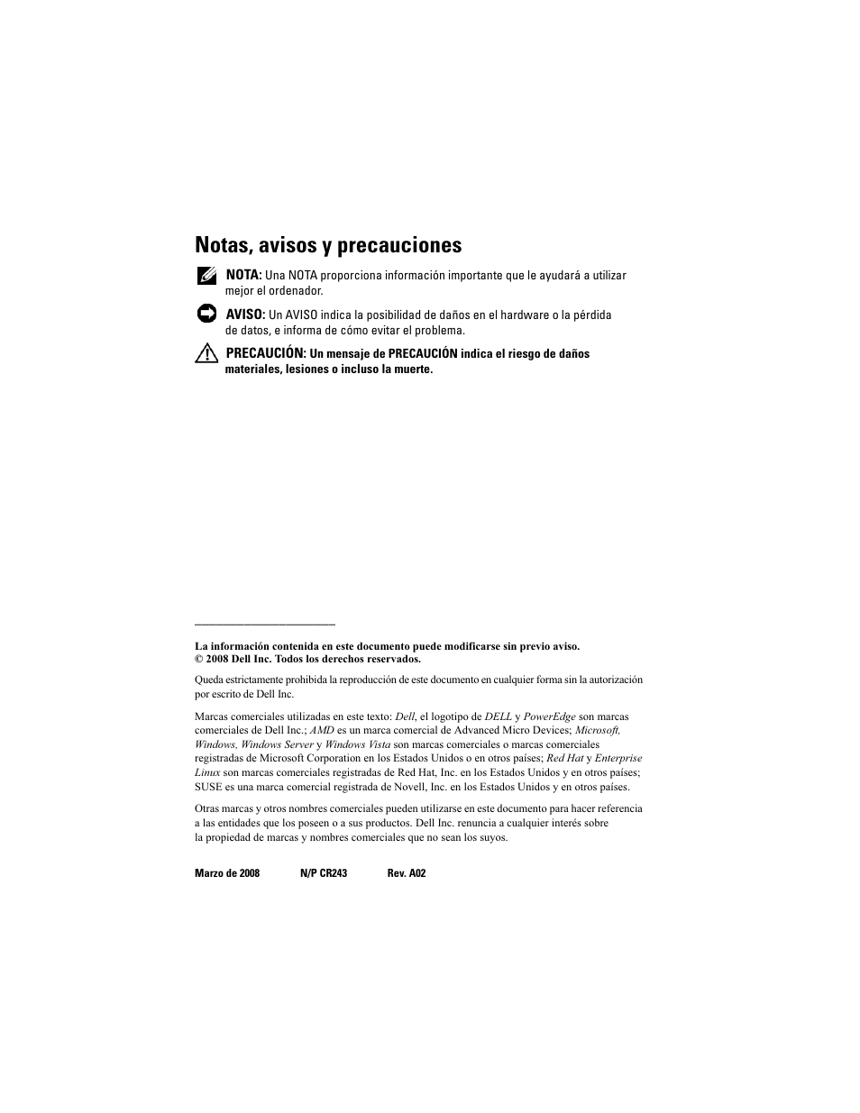 Notas, avisos y precauciones | Dell POWEREDGE R805 User Manual | Page 58 / 66