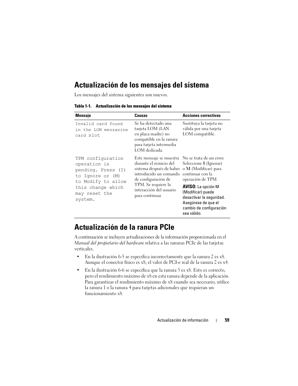 Actualización de los mensajes del sistema, Actualización de la ranura pcie | Dell POWEREDGE R805 User Manual | Page 61 / 66