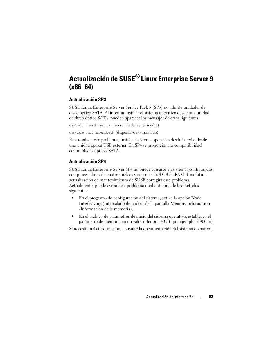 Actualización sp3, Actualización sp4, Actualización de suse | Dell POWEREDGE R805 User Manual | Page 65 / 66